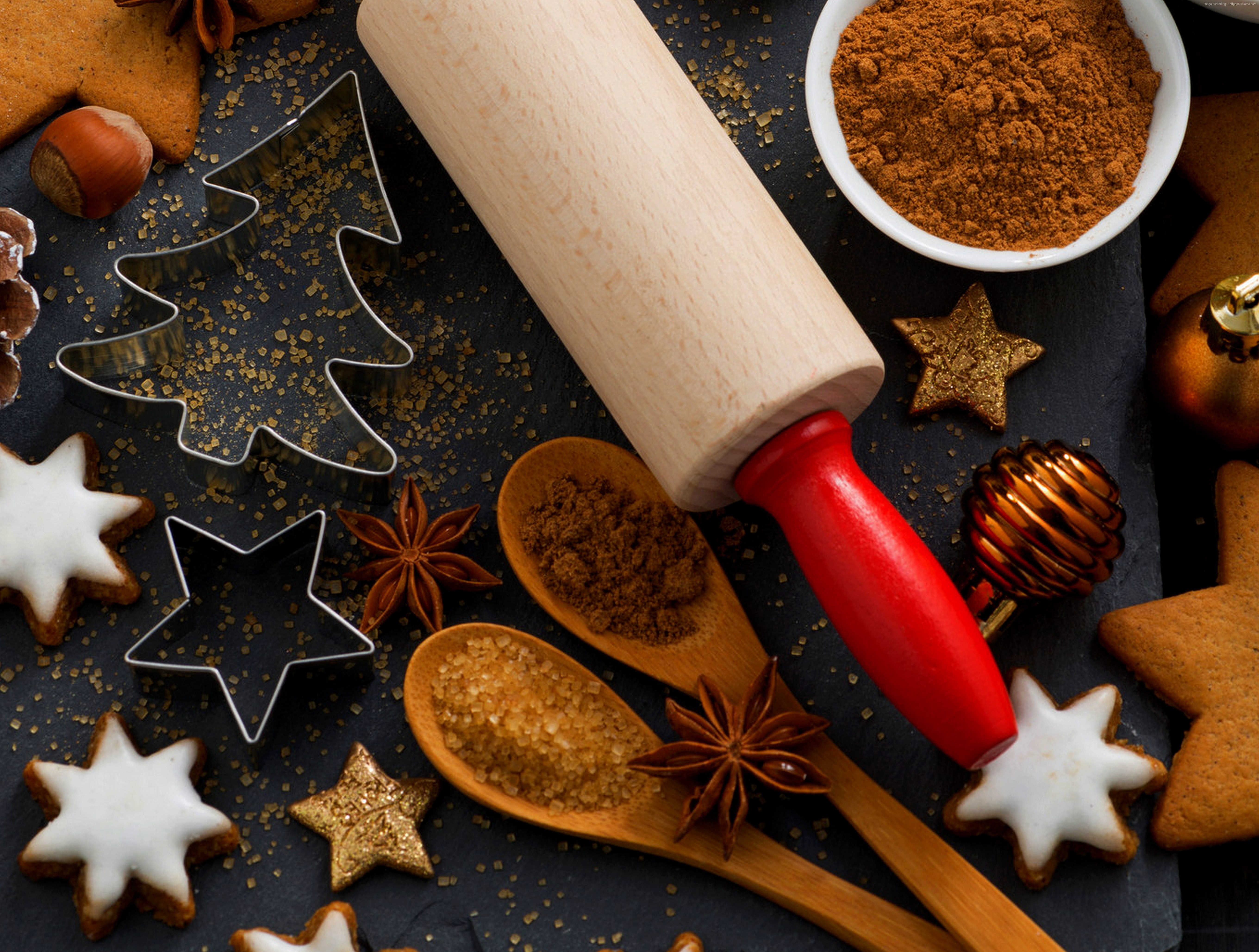 Christmas baking ingredients and cookie cutters HD Wallpaper