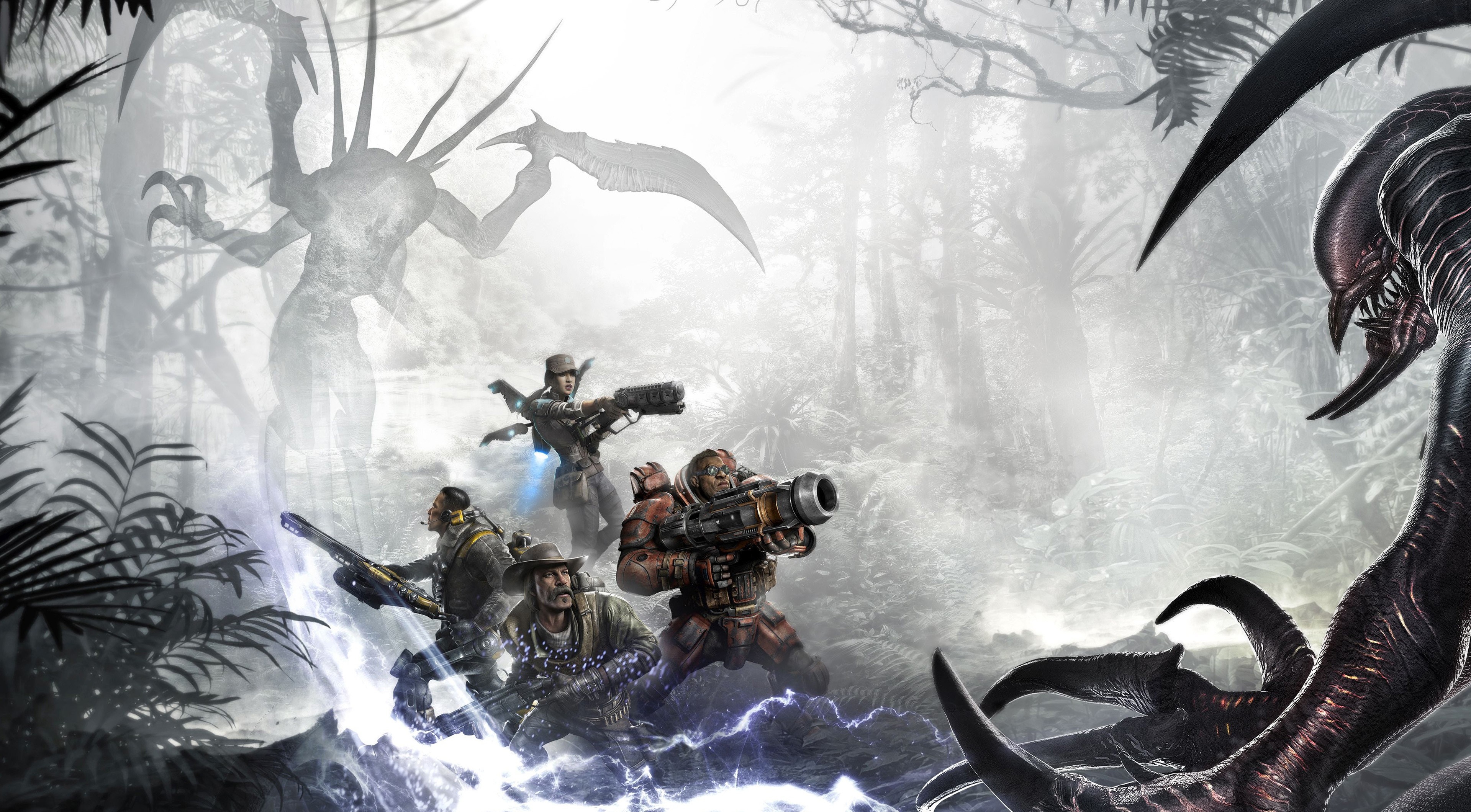 Evolve screenshot: Hunters fight alien monsters in a jungle HD Wallpaper