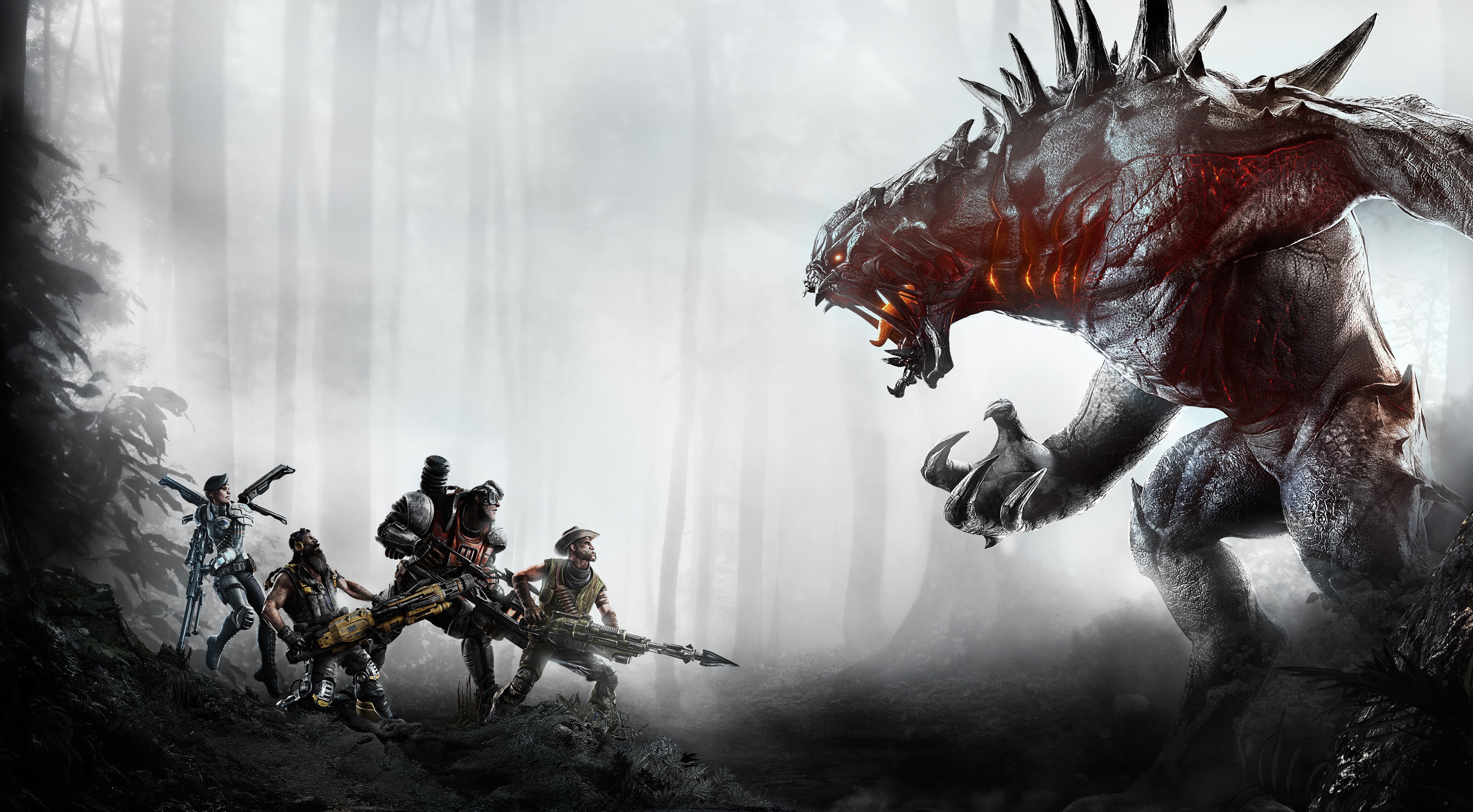 Monster and Hunters from Evolve in a Forest HD Wallpaper