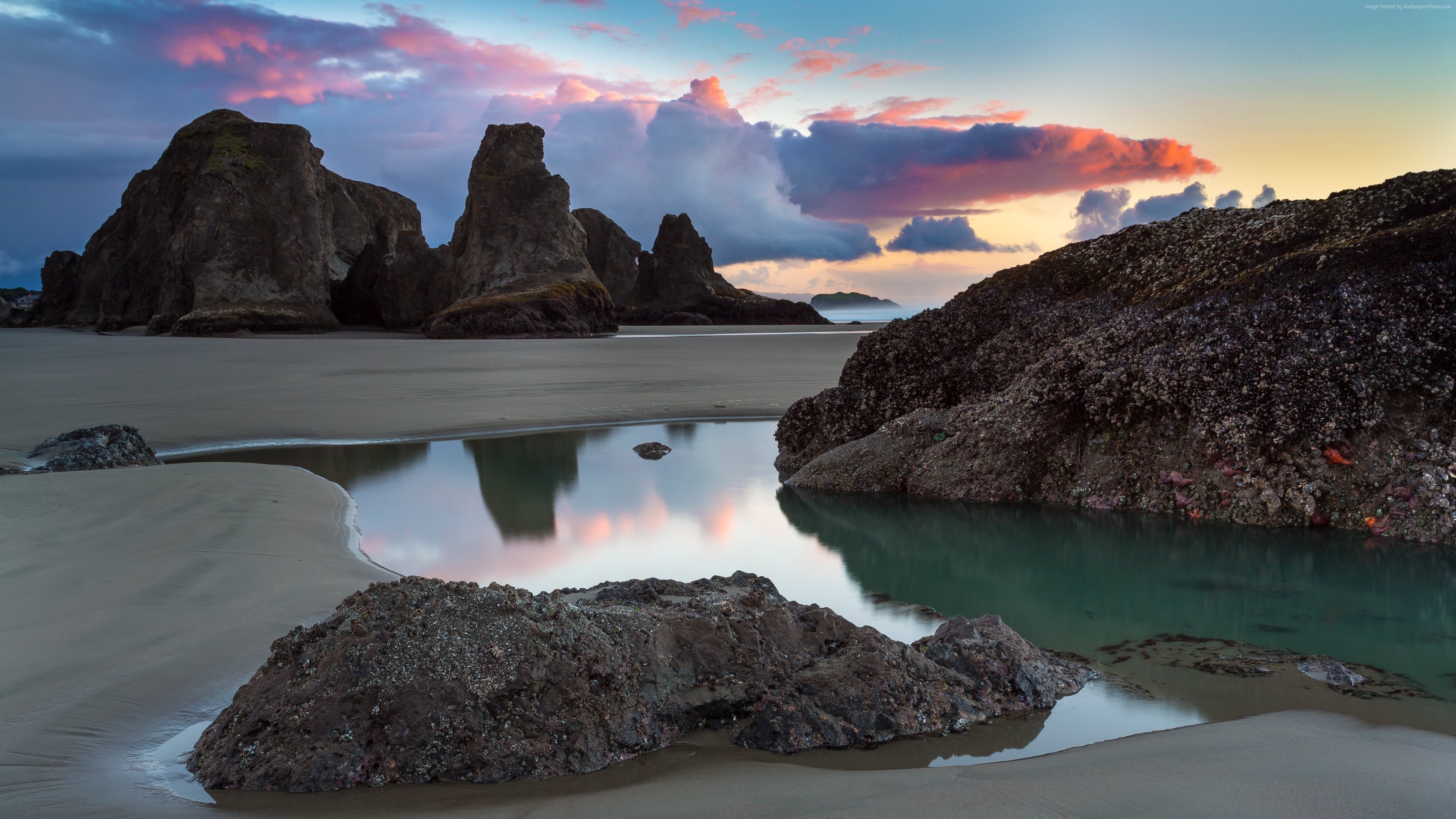 Sea stacks and tide pools at sunset HD Wallpaper