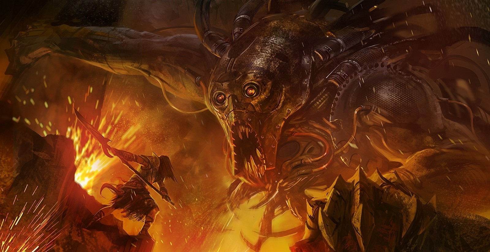 Fantasy warrior fighting a mechanical dragon in a fiery landscape HD Wallpaper