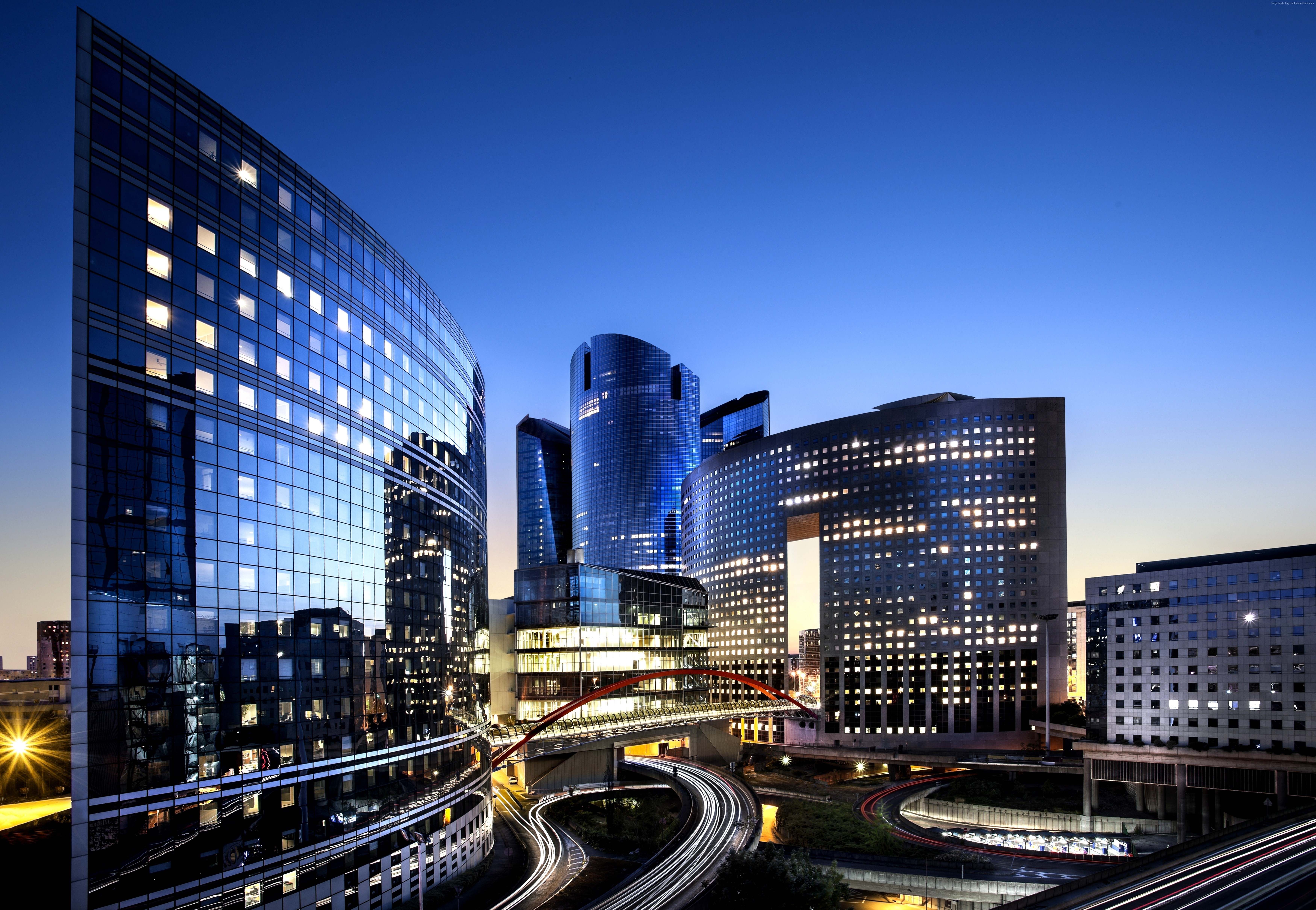 travel, dusk, buildings, booking, city, skyscrapers, night, France, Defense, Paris HD Wallpaper