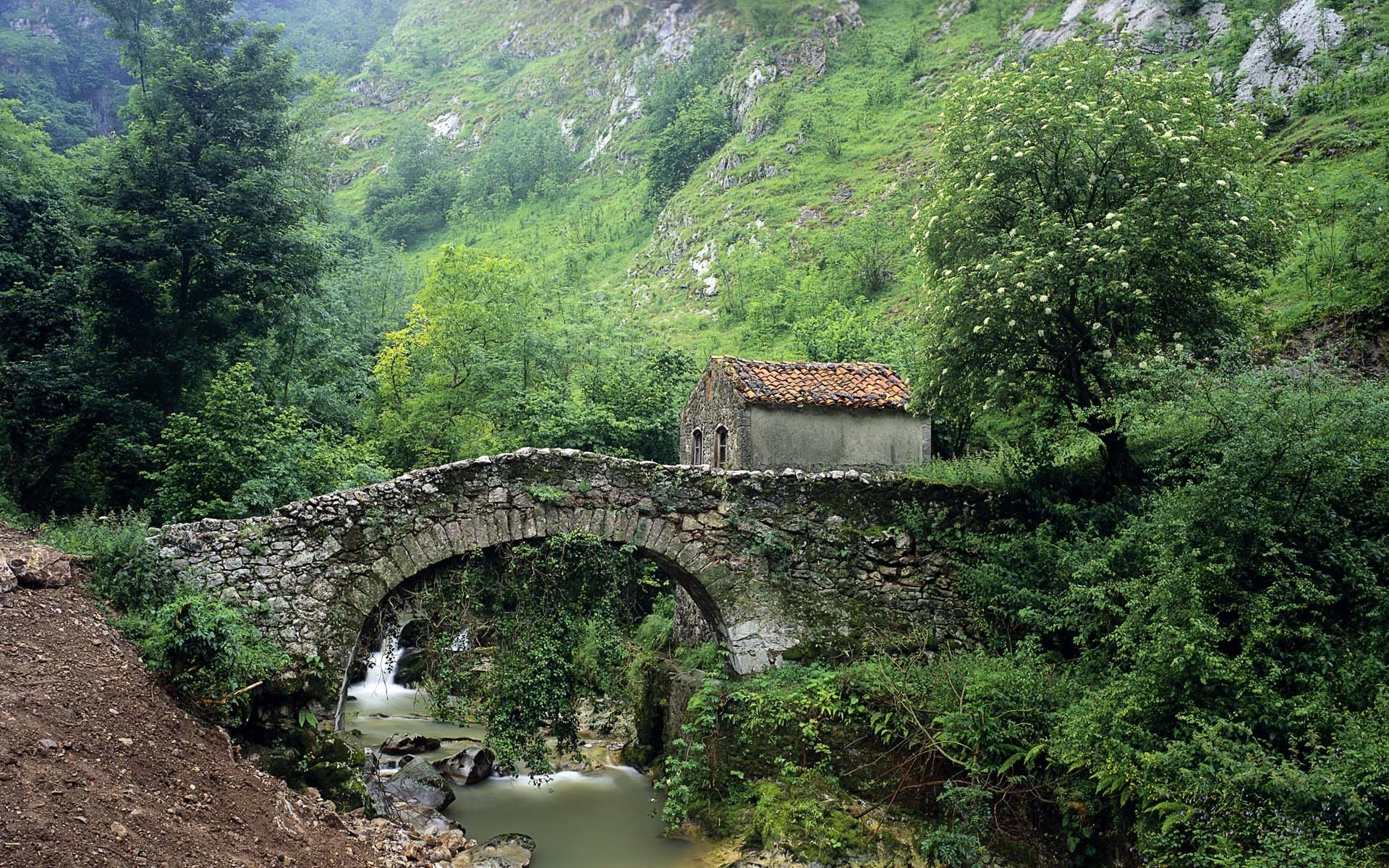 Stone bridge with a small house in a green valley HD Wallpaper