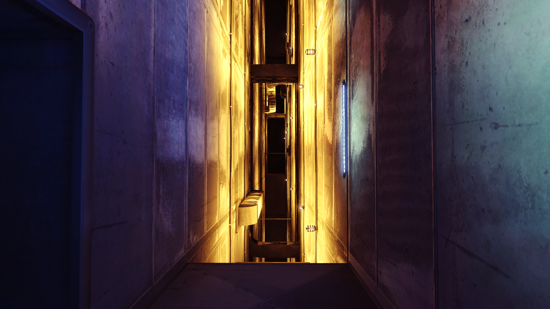 Elevator shaft with yellow and blue lighting HD Wallpaper
