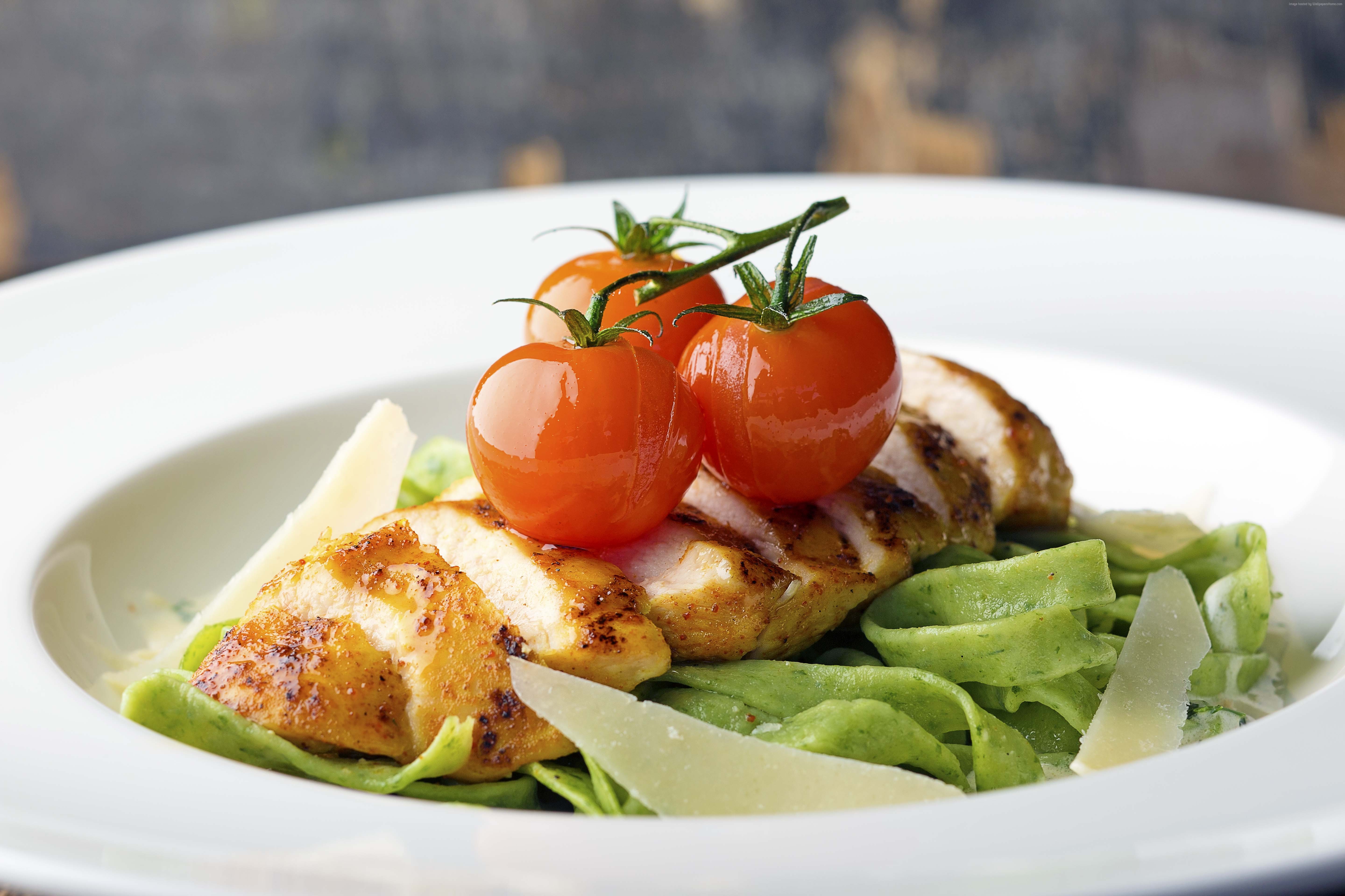 Chicken steak with spinach pasta and cherry tomatoes HD Wallpaper