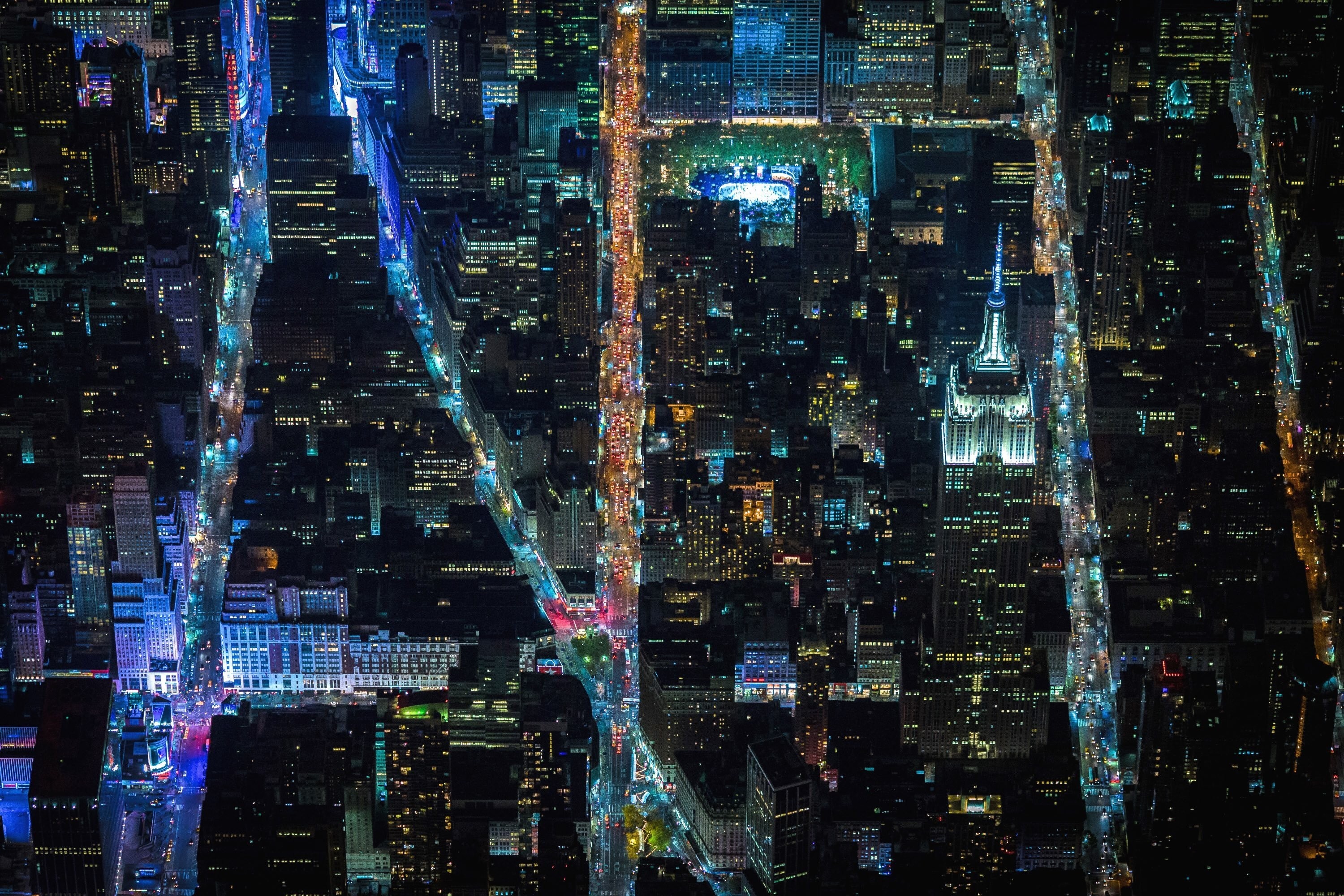 Aerial view of New York City skyscrapers at night HD Wallpaper