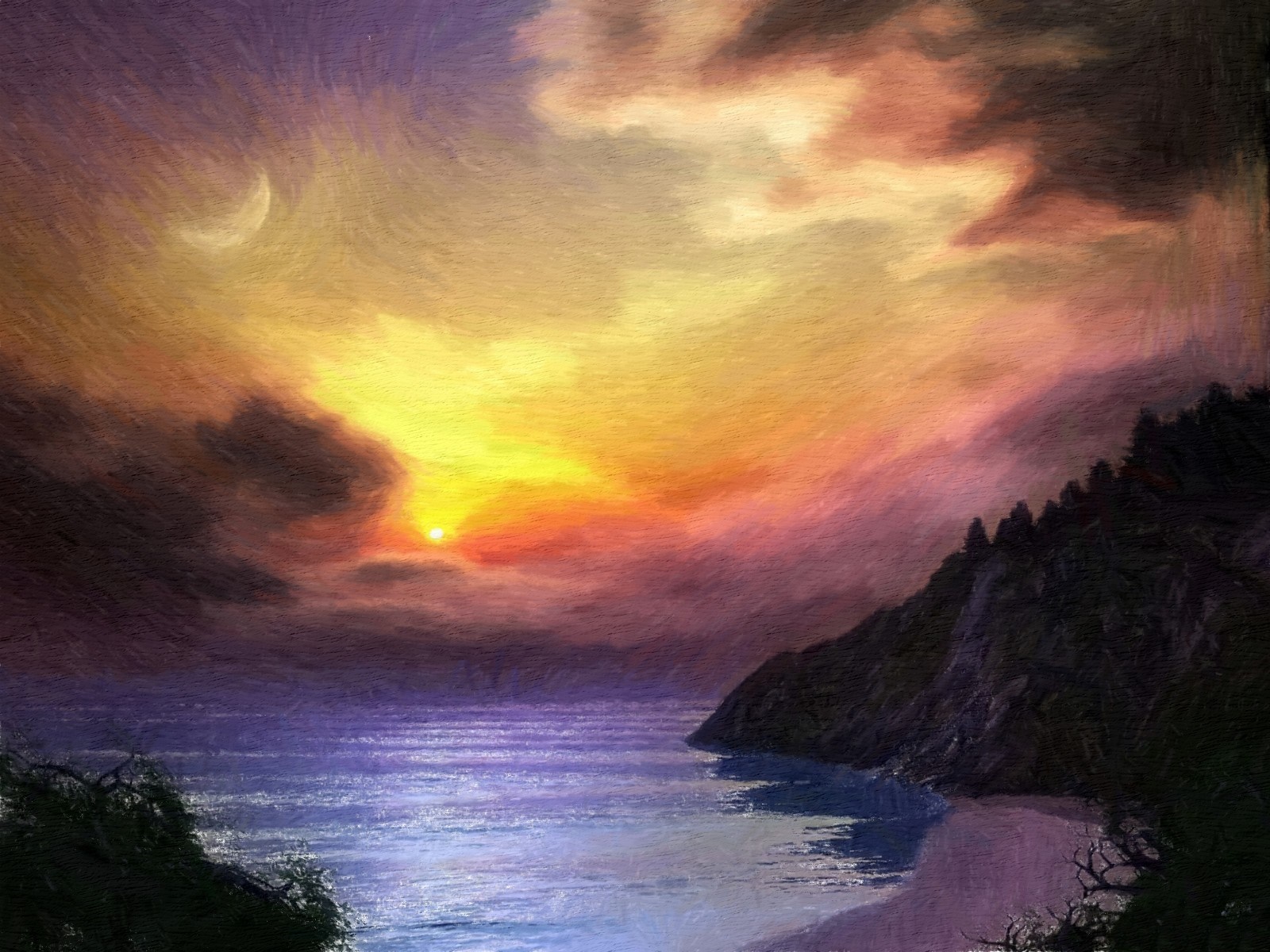 Sunset over the ocean with a crescent moon HD Wallpaper