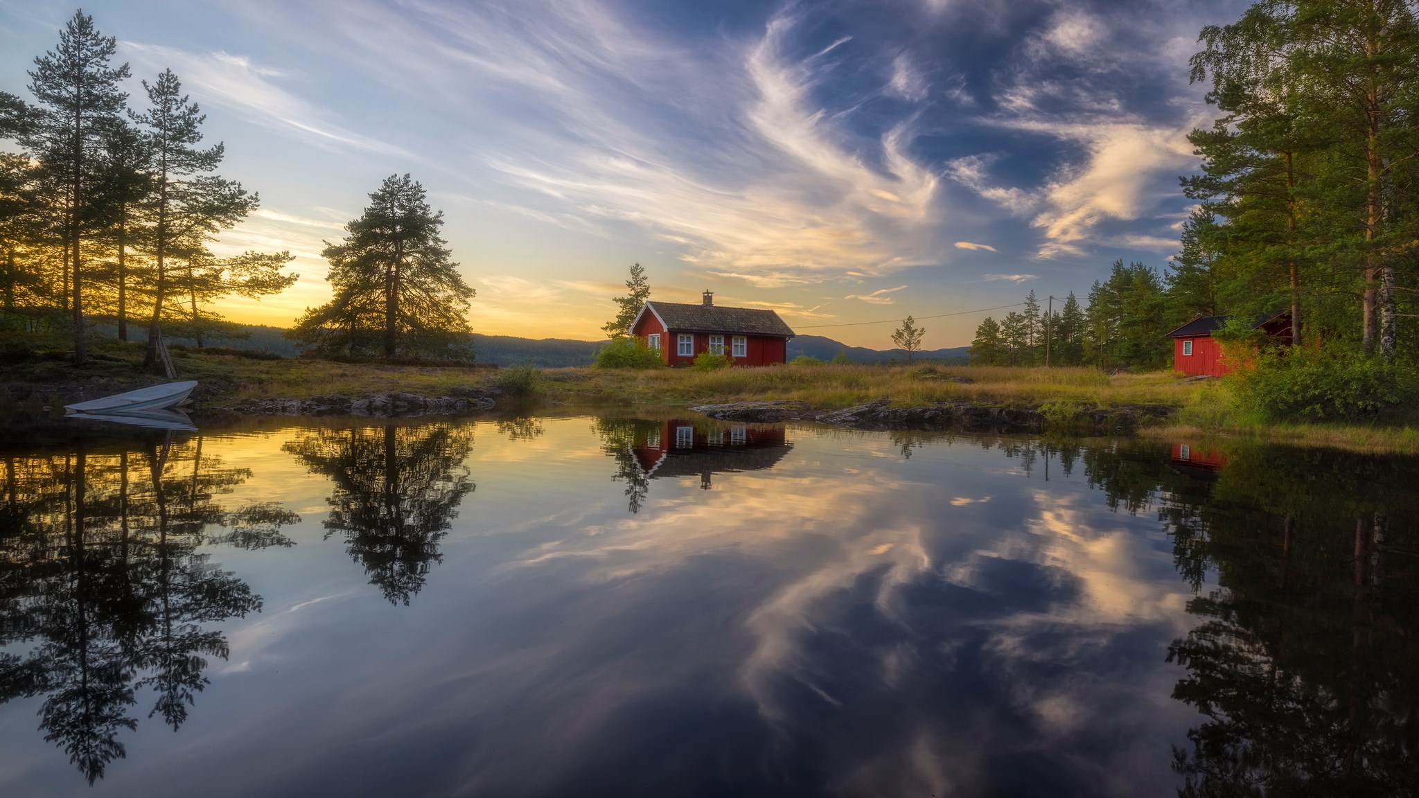 Red cabin by a lake at sunset HD Wallpaper