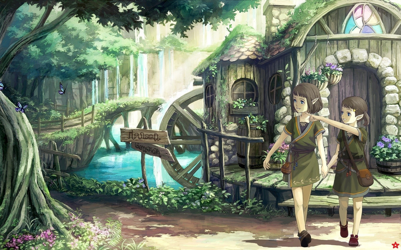 Anime girls in a fantasy forest with a watermill HD Wallpaper