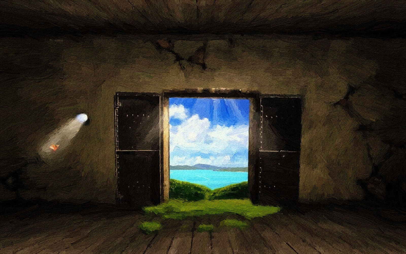Interior of a dark room with an open doorway to a bright landscape HD Wallpaper
