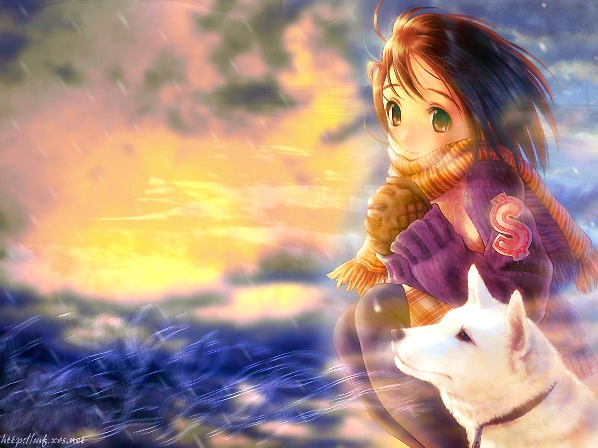 Anime girl with scarf and white dog at sunset HD Wallpaper