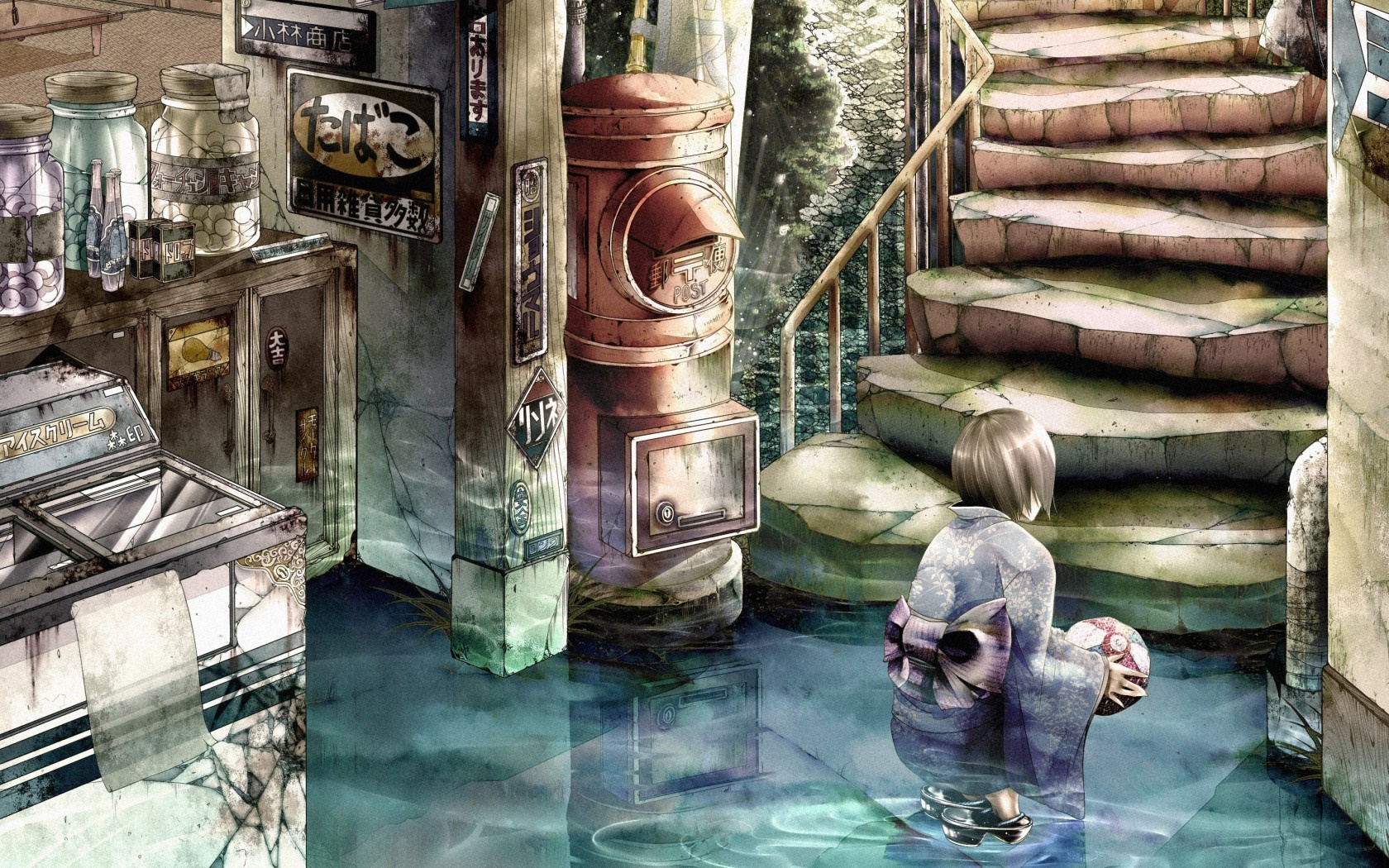 Anime girl in kimono by flooded street with Japanese postbox HD Wallpaper