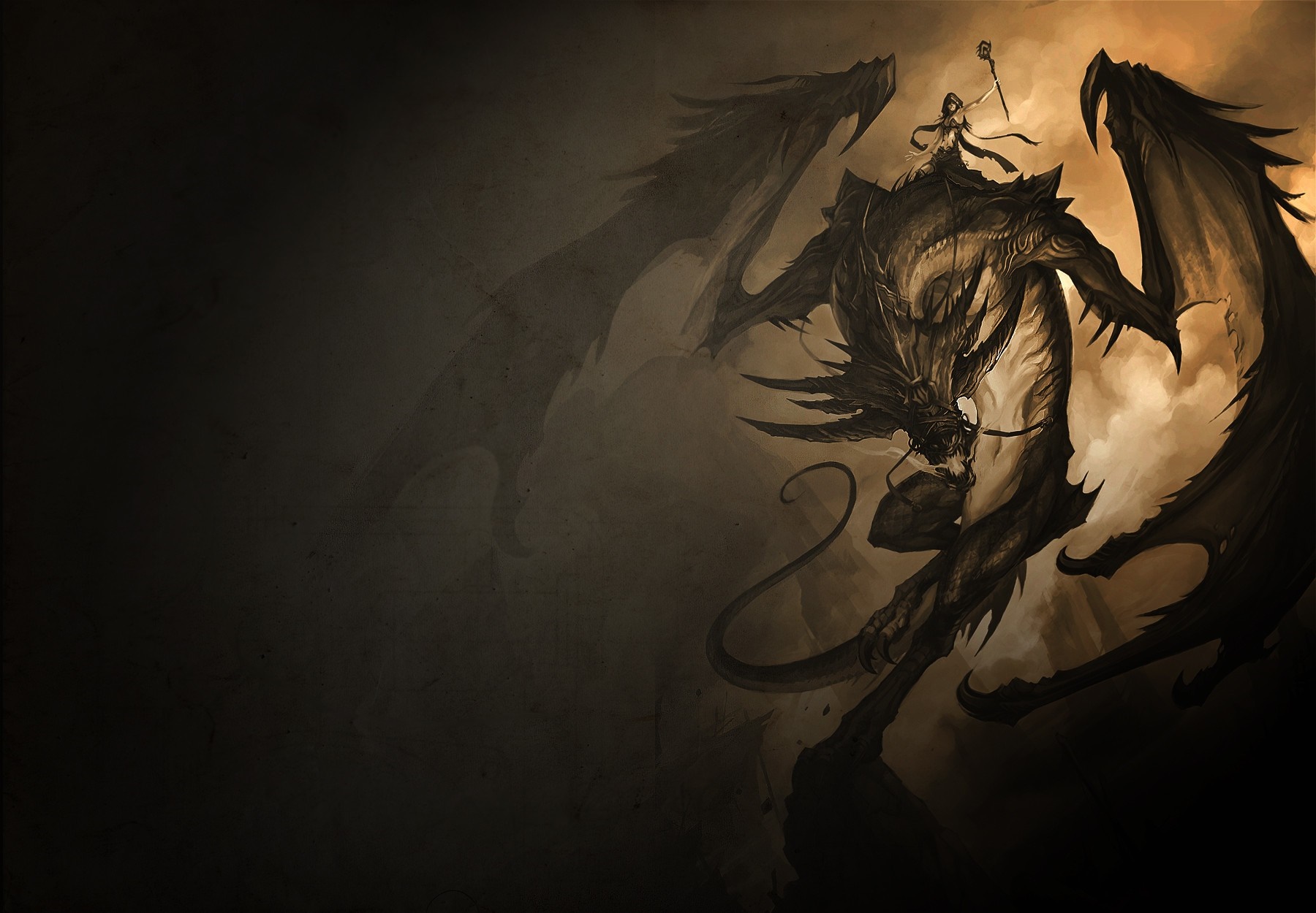 Illustration of a woman riding a dragon HD Wallpaper