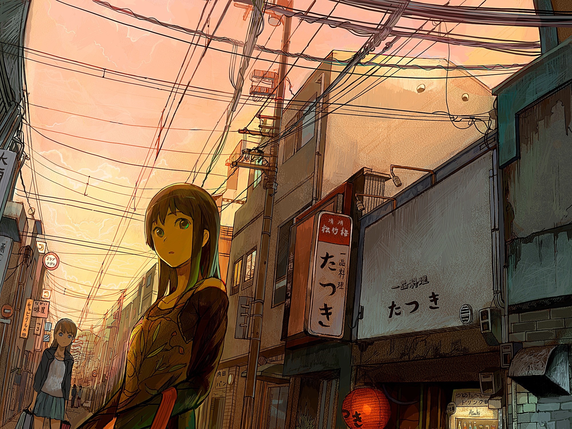Anime girls in a Japanese street at sunset HD Wallpaper