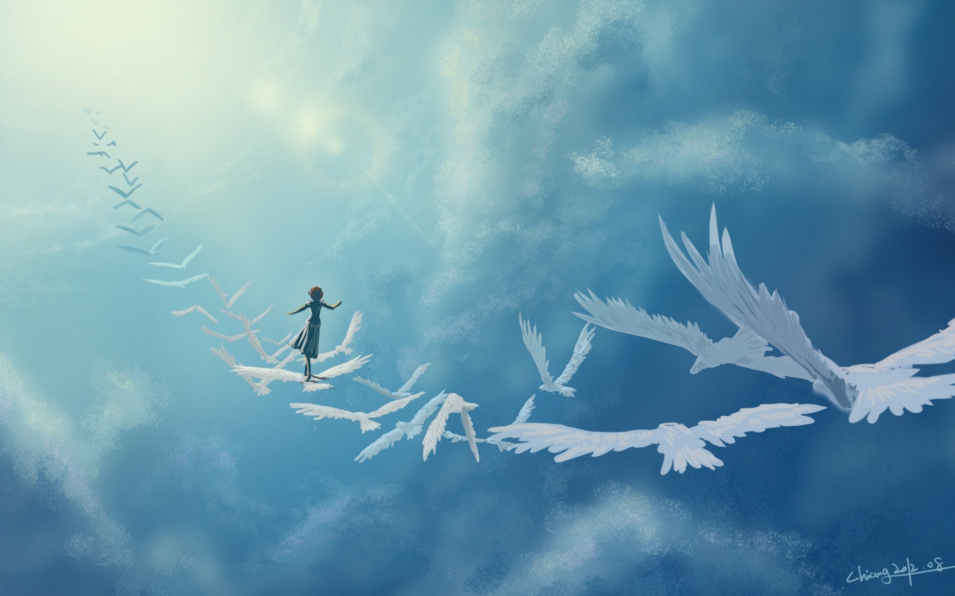Girl walking on birds in the sky HD Wallpaper