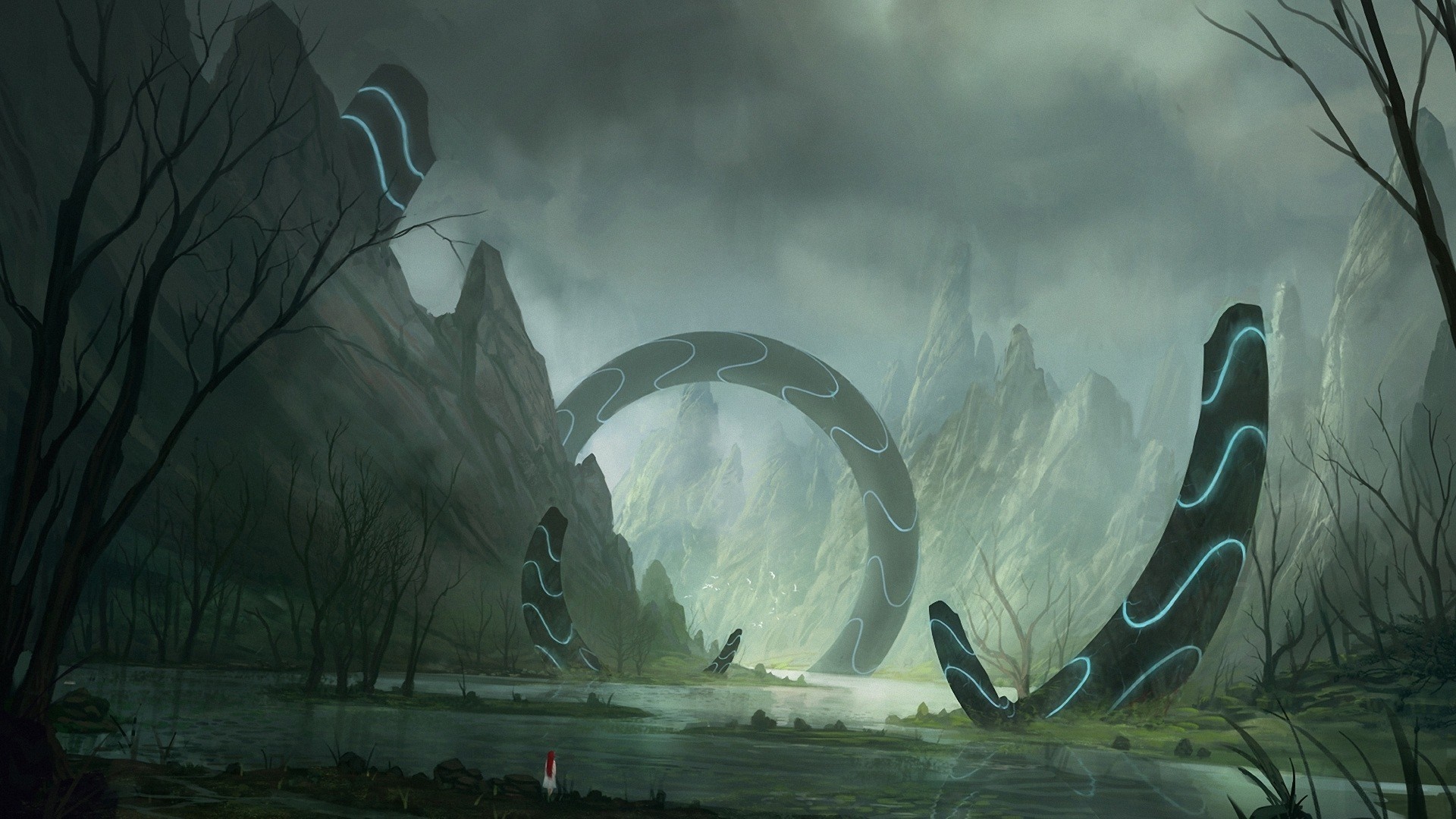 Mysterious glowing monoliths in a misty landscape HD Wallpaper
