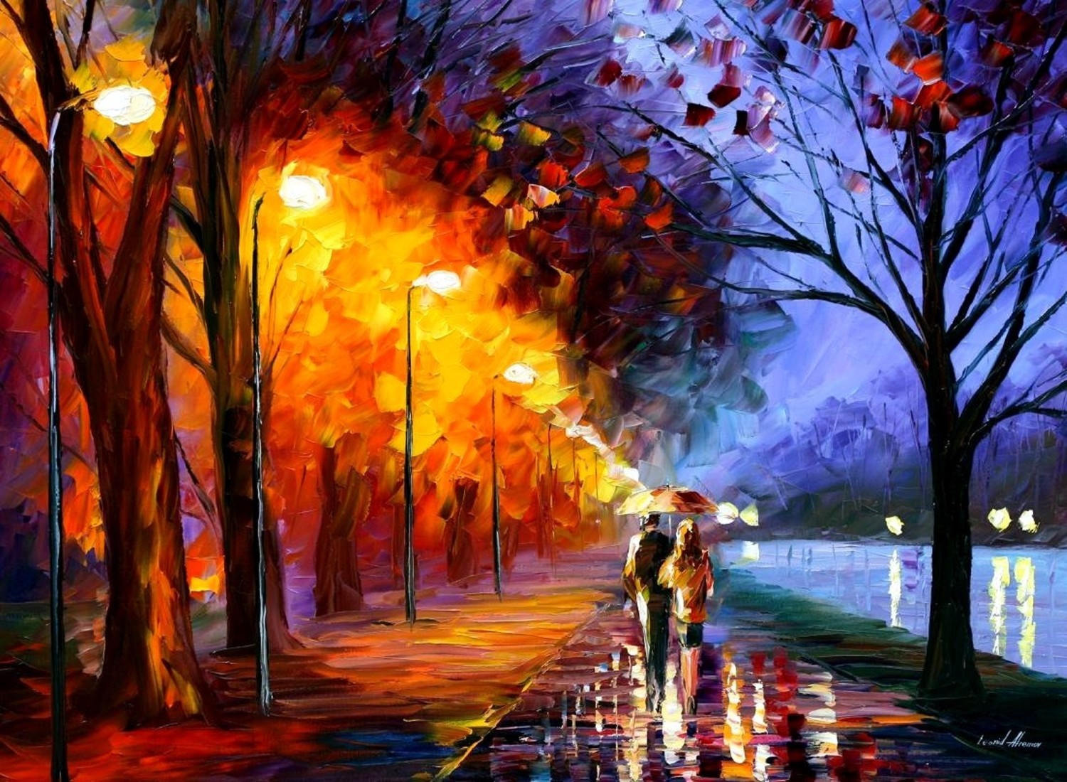 Couple walking under umbrella on a street with streetlights HD Wallpaper