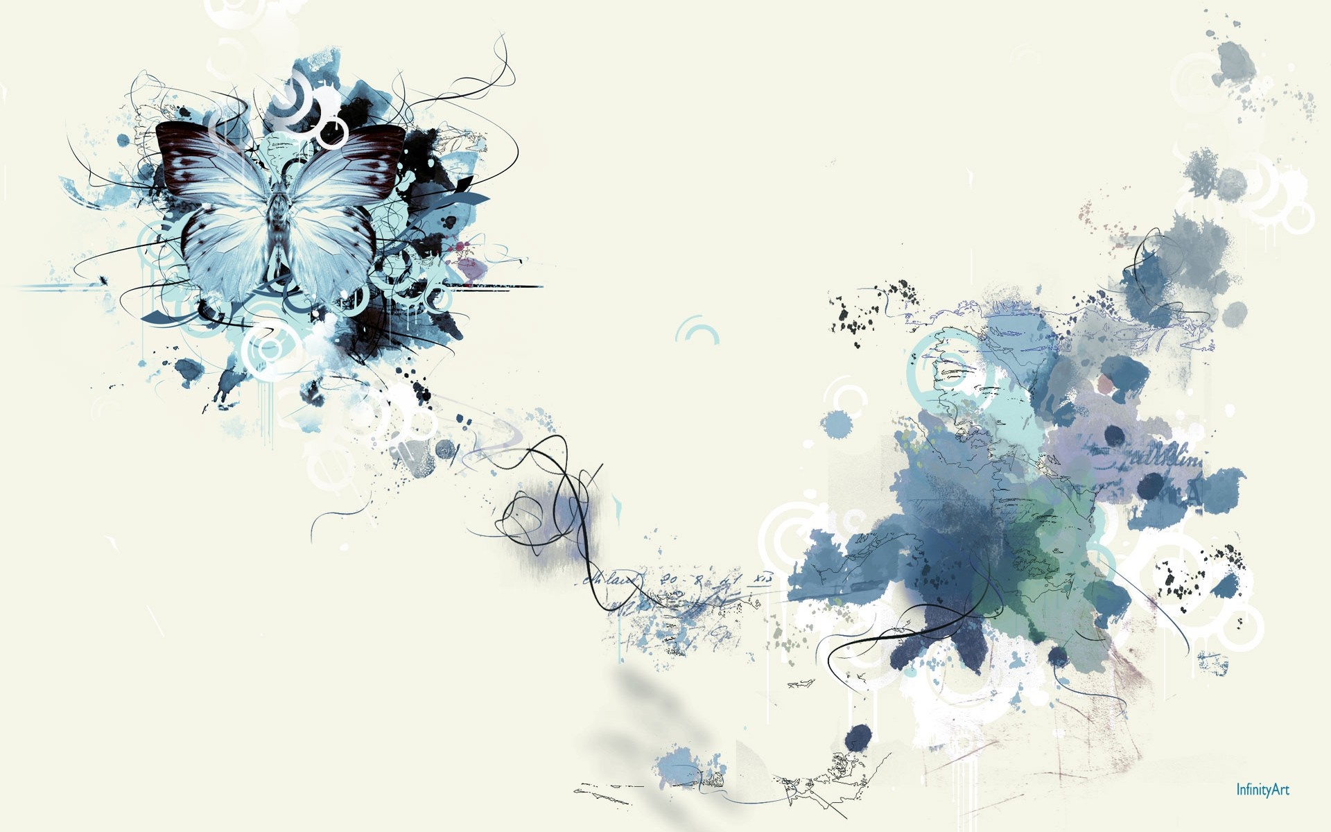 Abstract blue butterfly with watercolor splashes and sketches HD Wallpaper
