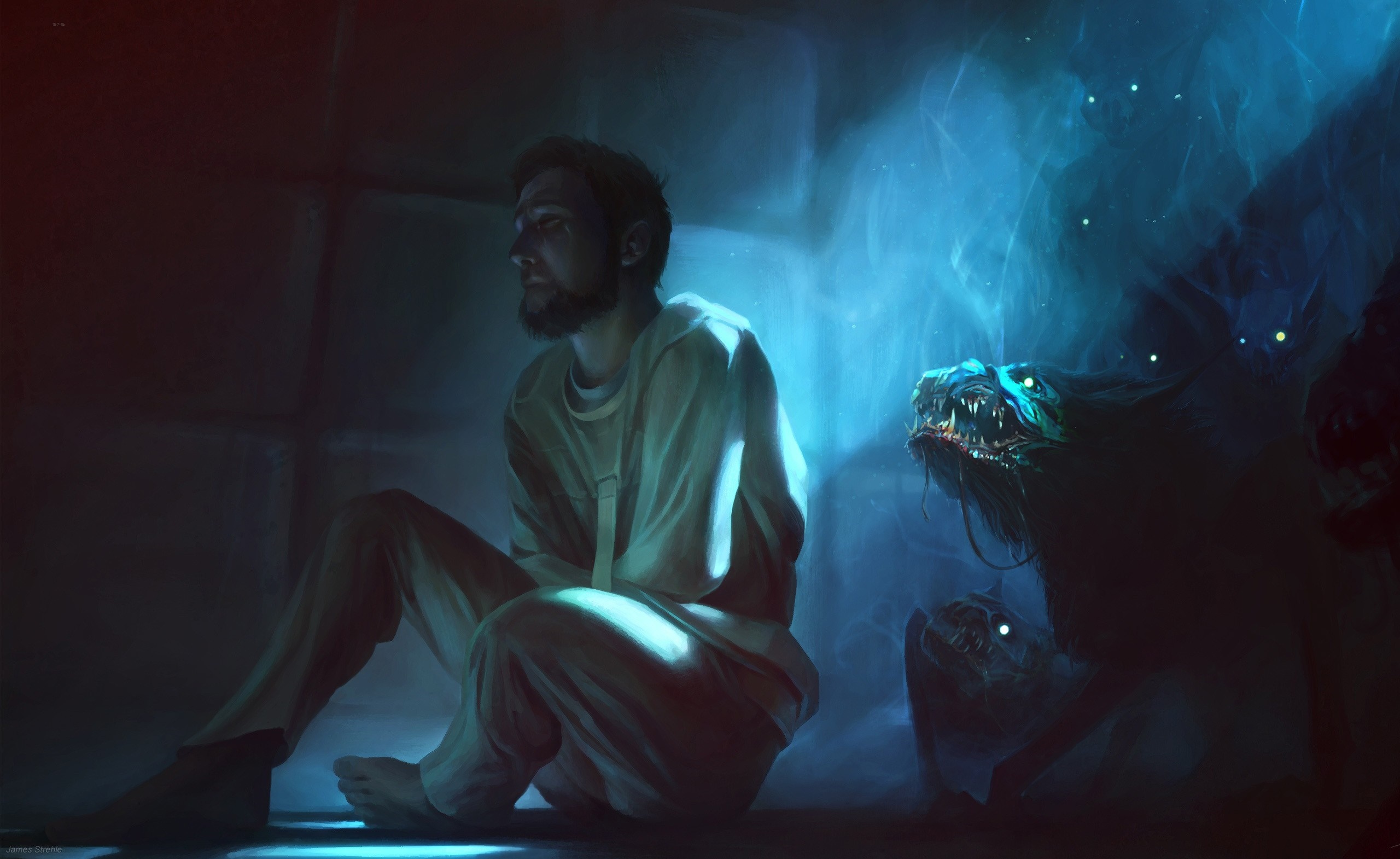 Man in straitjacket facing shadowy creatures in a dark room HD Wallpaper