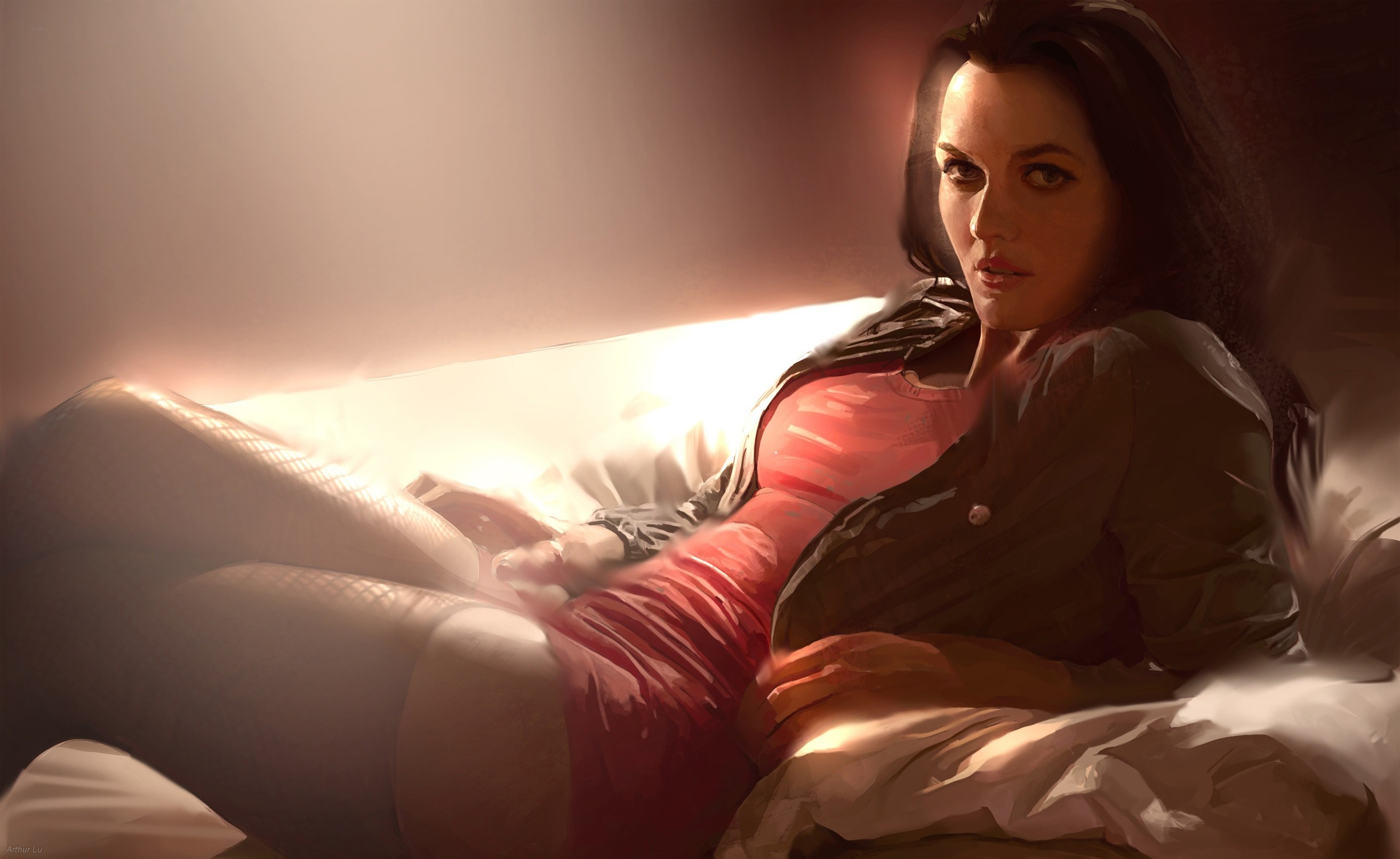 Woman in pink dress and fishnet stockings lying down HD Wallpaper