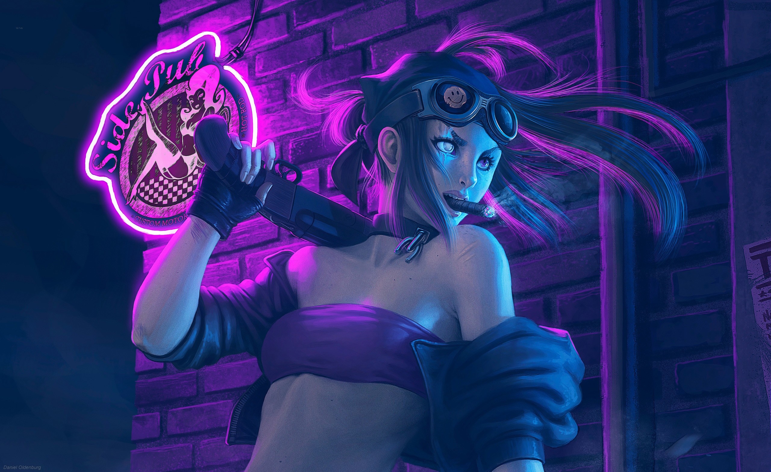 Girl with shotgun and cigar in front of Side Pub neon sign HD Wallpaper