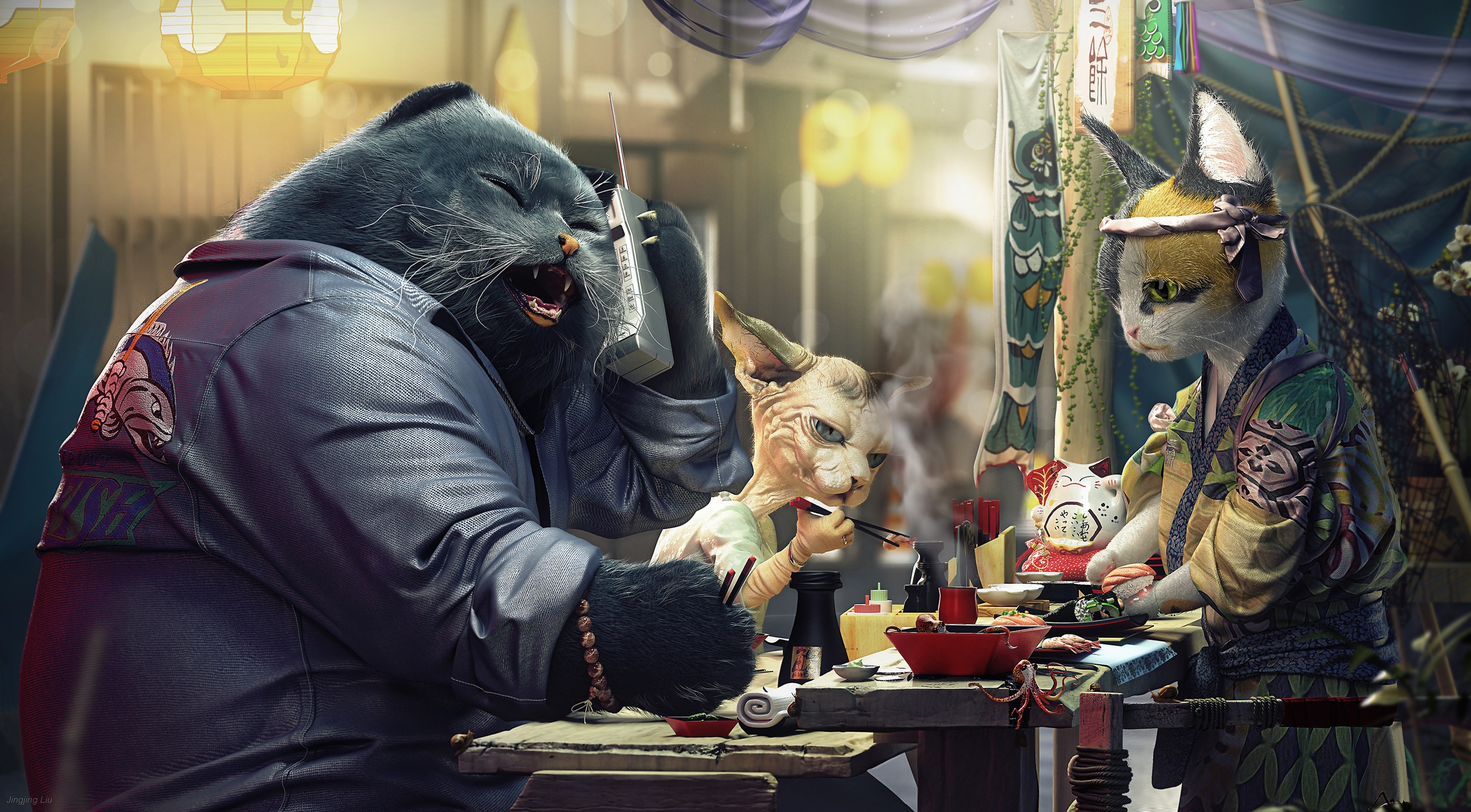 Anthropomorphic cats and sphinx in a Japanese-style setting HD Wallpaper