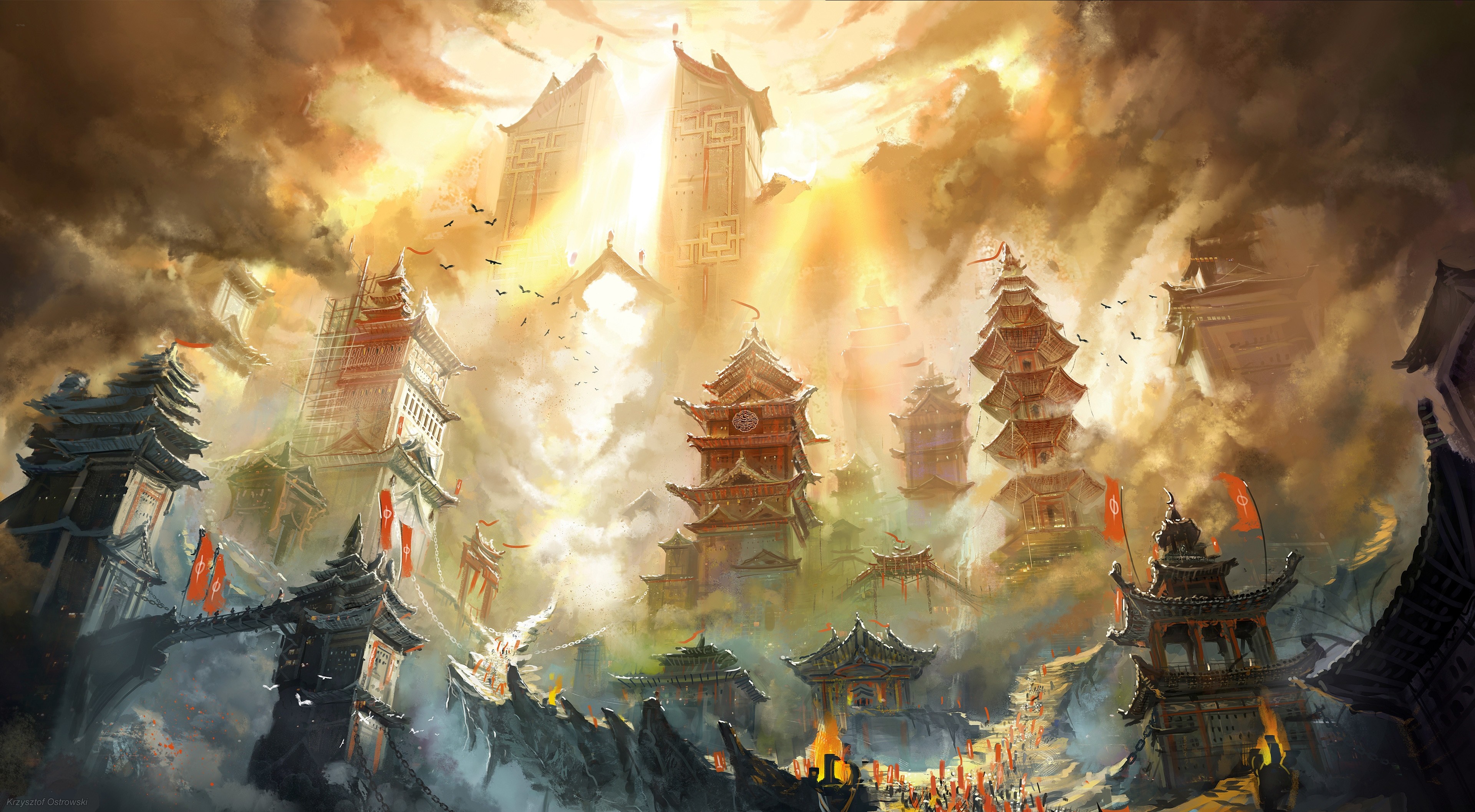 Digital art of Asian architecture with pagodas and explosions HD Wallpaper