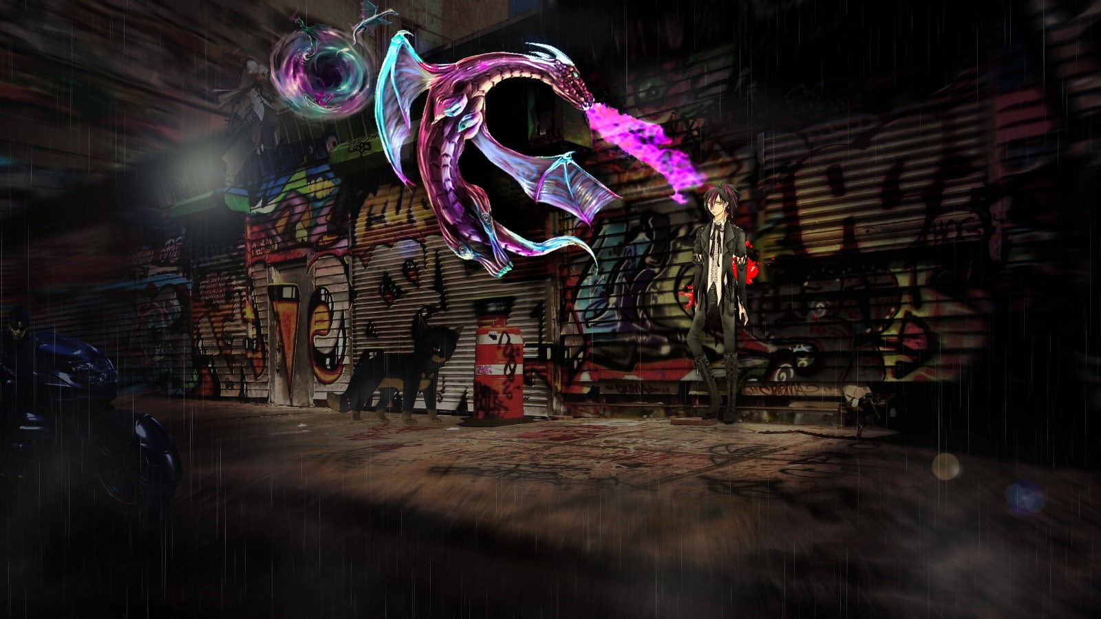 Anime character and dragon in a graffiti alley HD Wallpaper