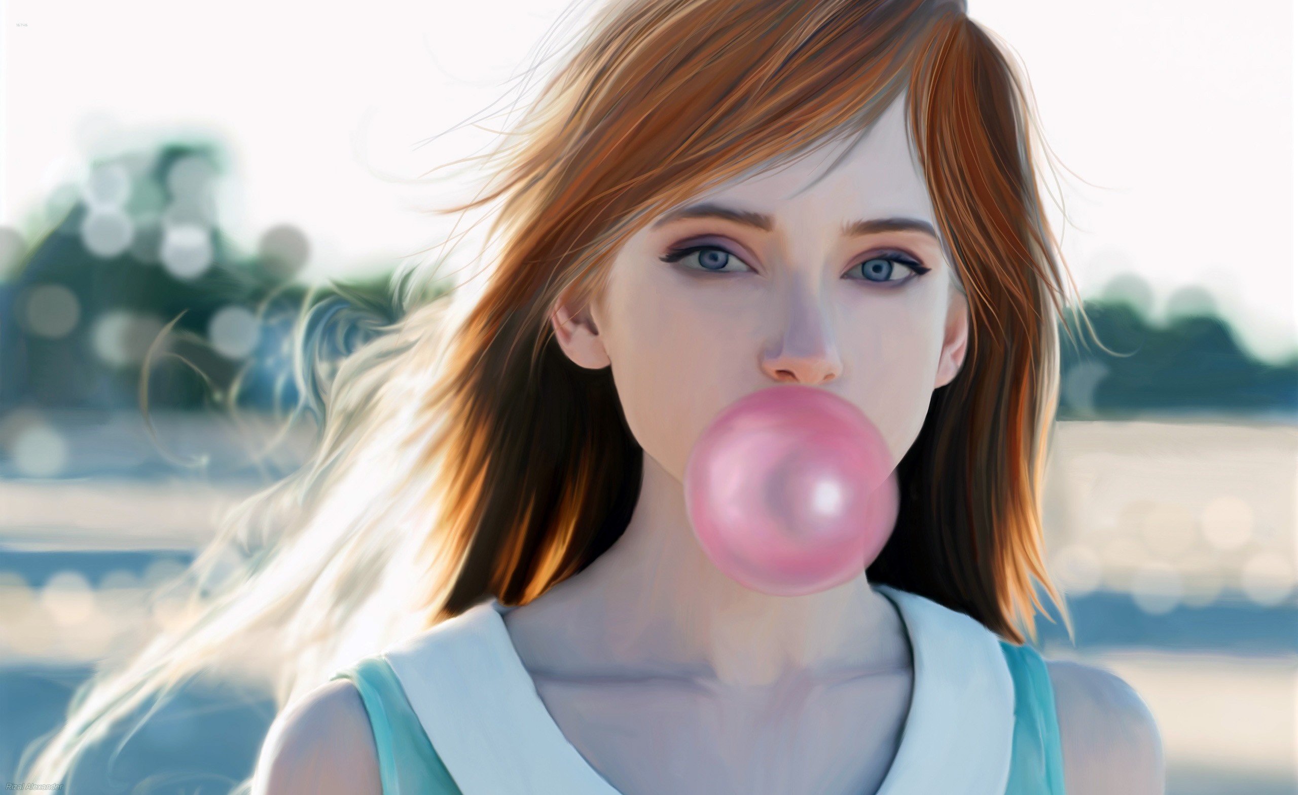 Young woman blowing pink bubblegum HD Wallpaper