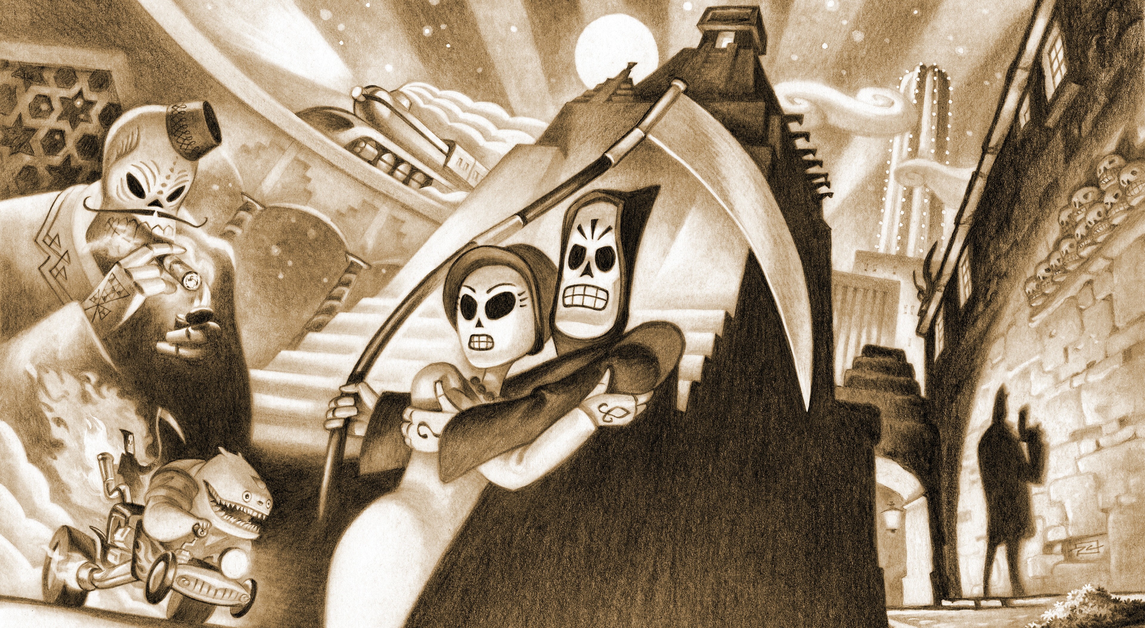 Grim Fandango artwork with skeleton couple and Grim Reaper HD Wallpaper