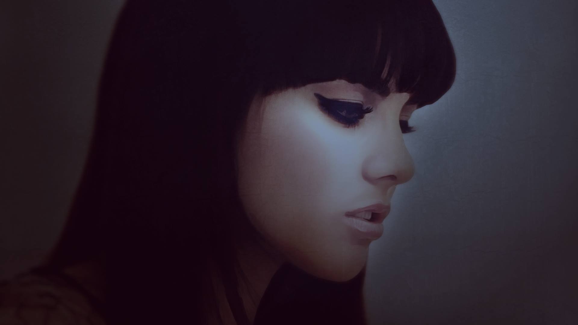 Woman with dark hair and dramatic eye makeup HD Wallpaper