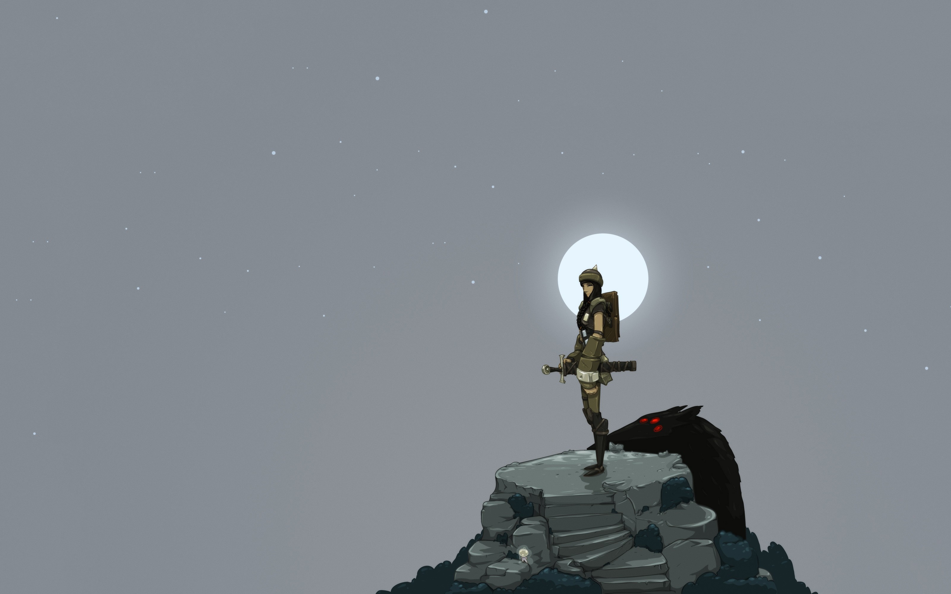 Woman with sword and wolf on cliff under moon HD Wallpaper
