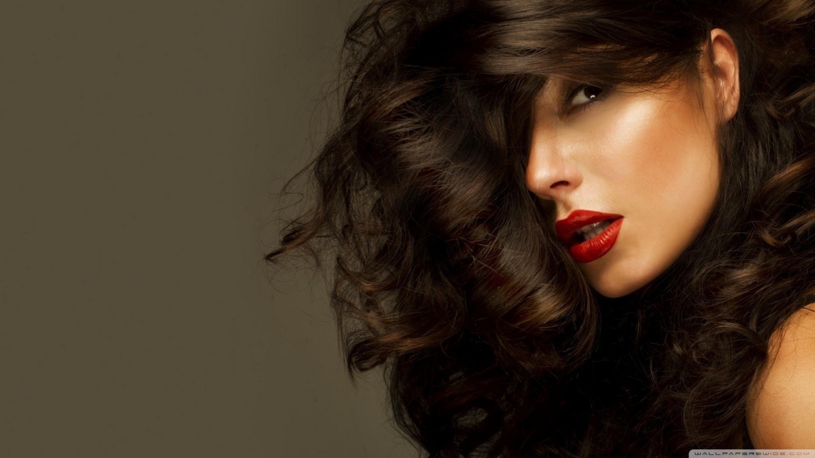 Woman with long brown hair and red lipstick HD Wallpaper