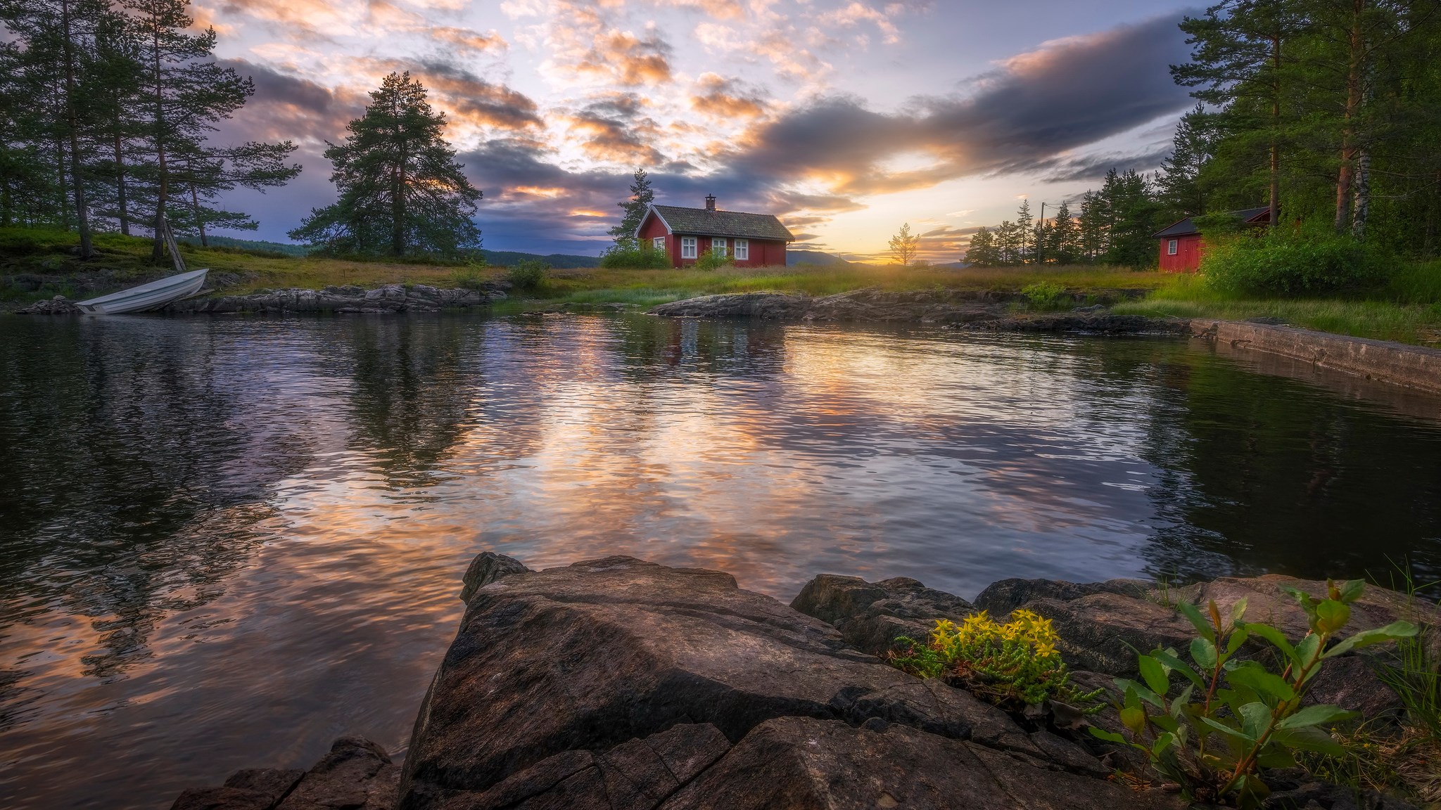 Red cabin by a lake at sunset HD Wallpaper