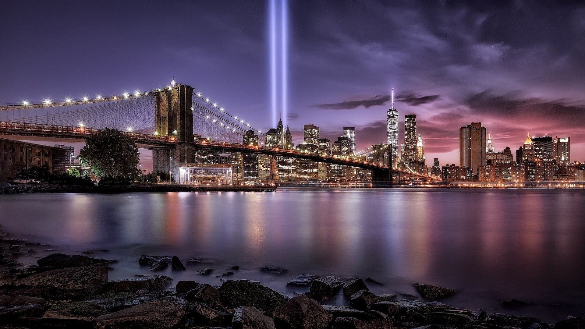 Brooklyn Bridge and New York City Skyline at Night with Tribute in Light HD Wallpaper