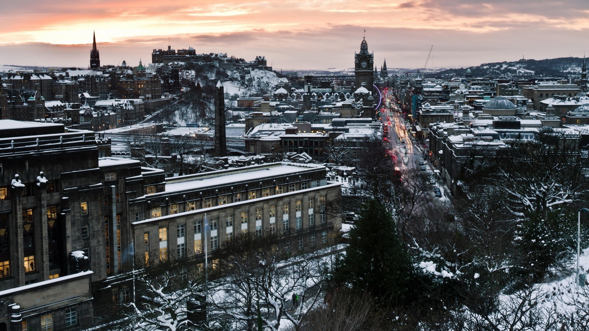 Edinburgh cityscape with snow at dusk HD Wallpaper