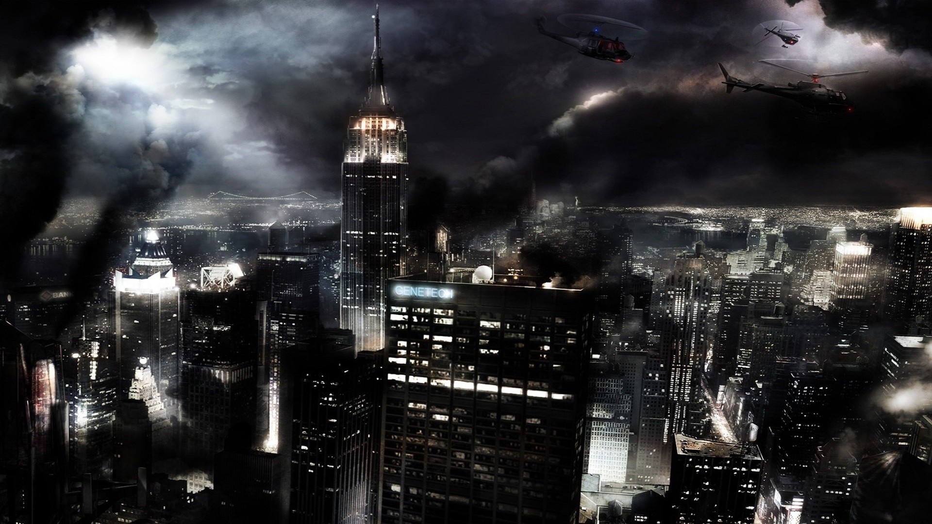 Dark city skyline with helicopters and smoke HD Wallpaper