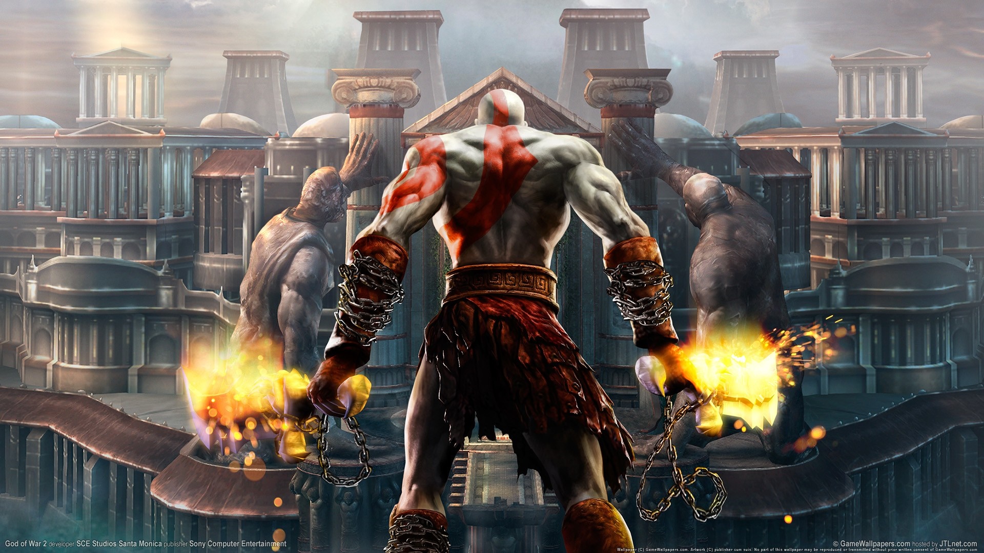 Kratos from God of War holding flaming blades HD Wallpaper