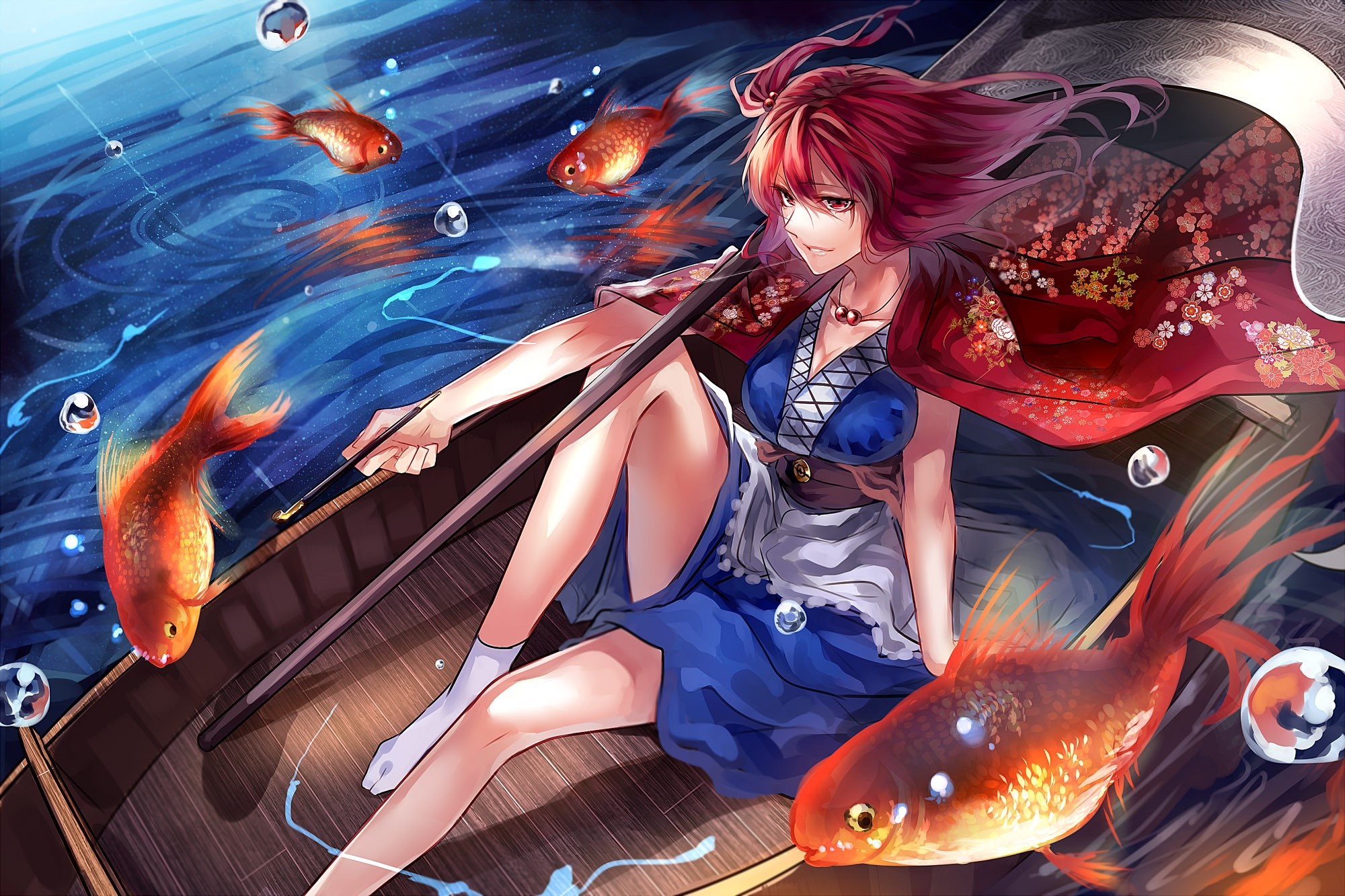 Onozuka Komachi from Touhou in a boat with goldfish HD Wallpaper
