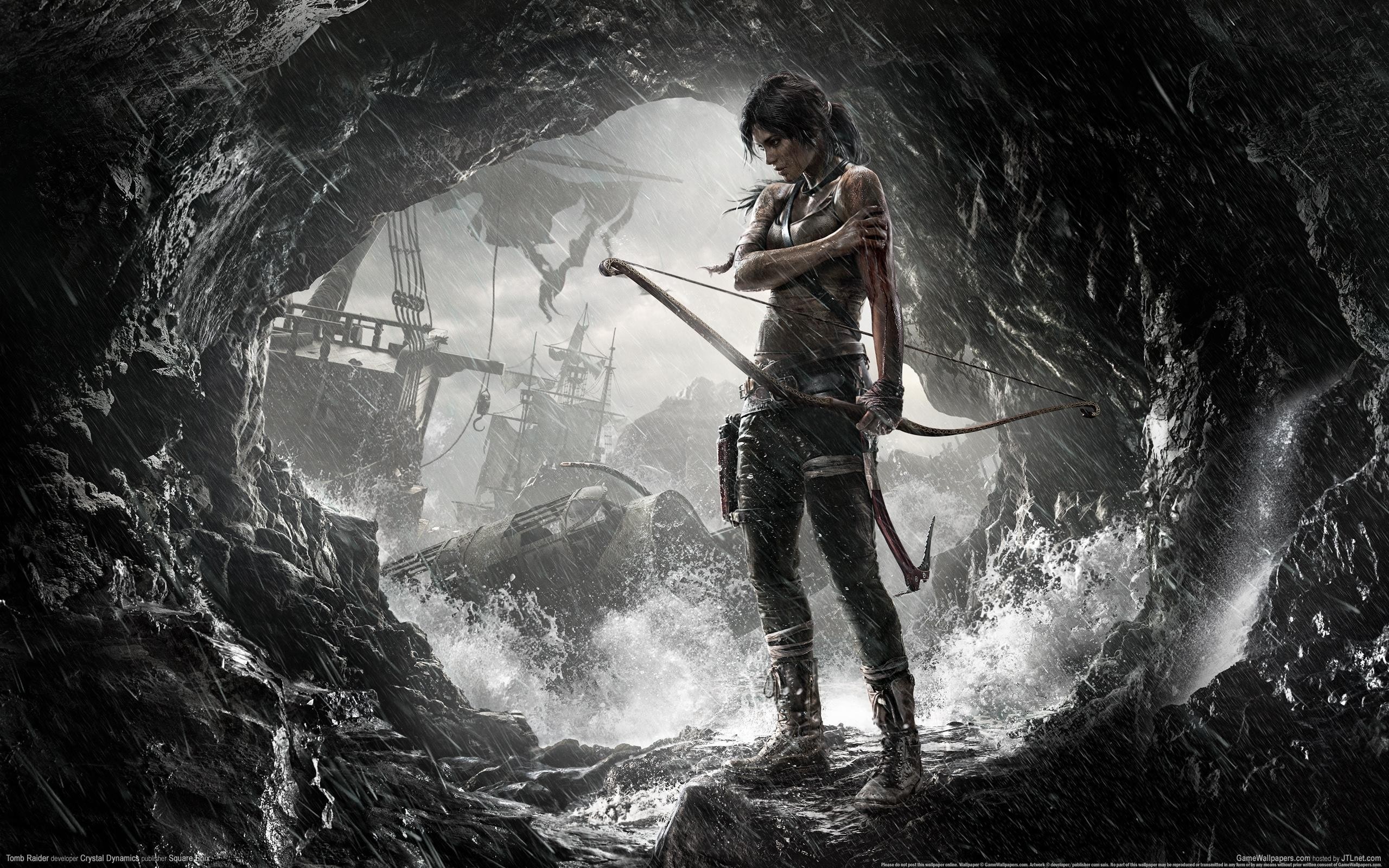 Lara Croft from Tomb Raider with bow and arrow in a cave HD Wallpaper