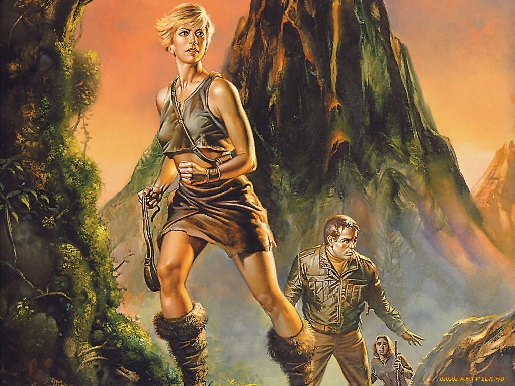 Fantasy art of a woman warrior and companions in a volcanic landscape HD Wallpaper