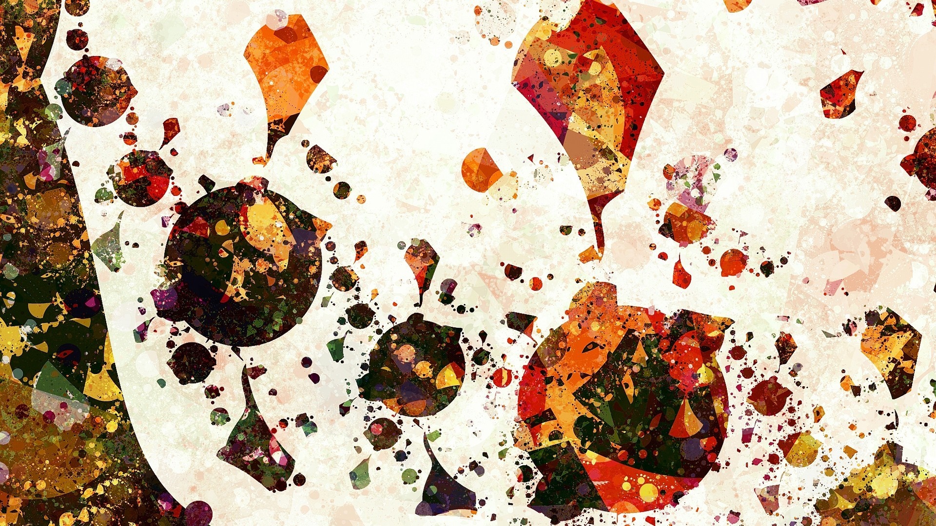 Abstract collage of colorful shapes and splatters HD Wallpaper
