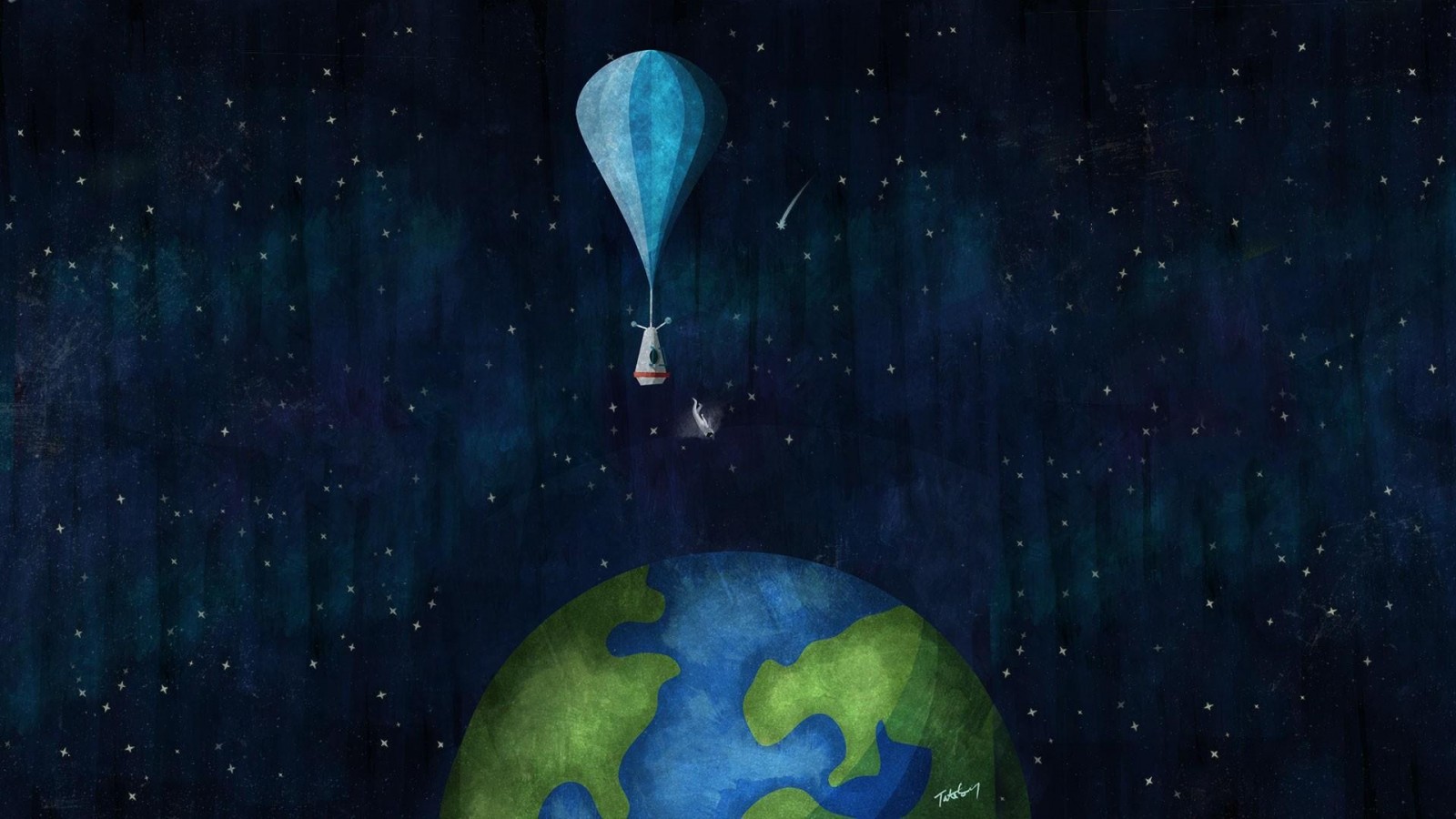 Astronaut in hot air balloon above Earth in space HD Wallpaper