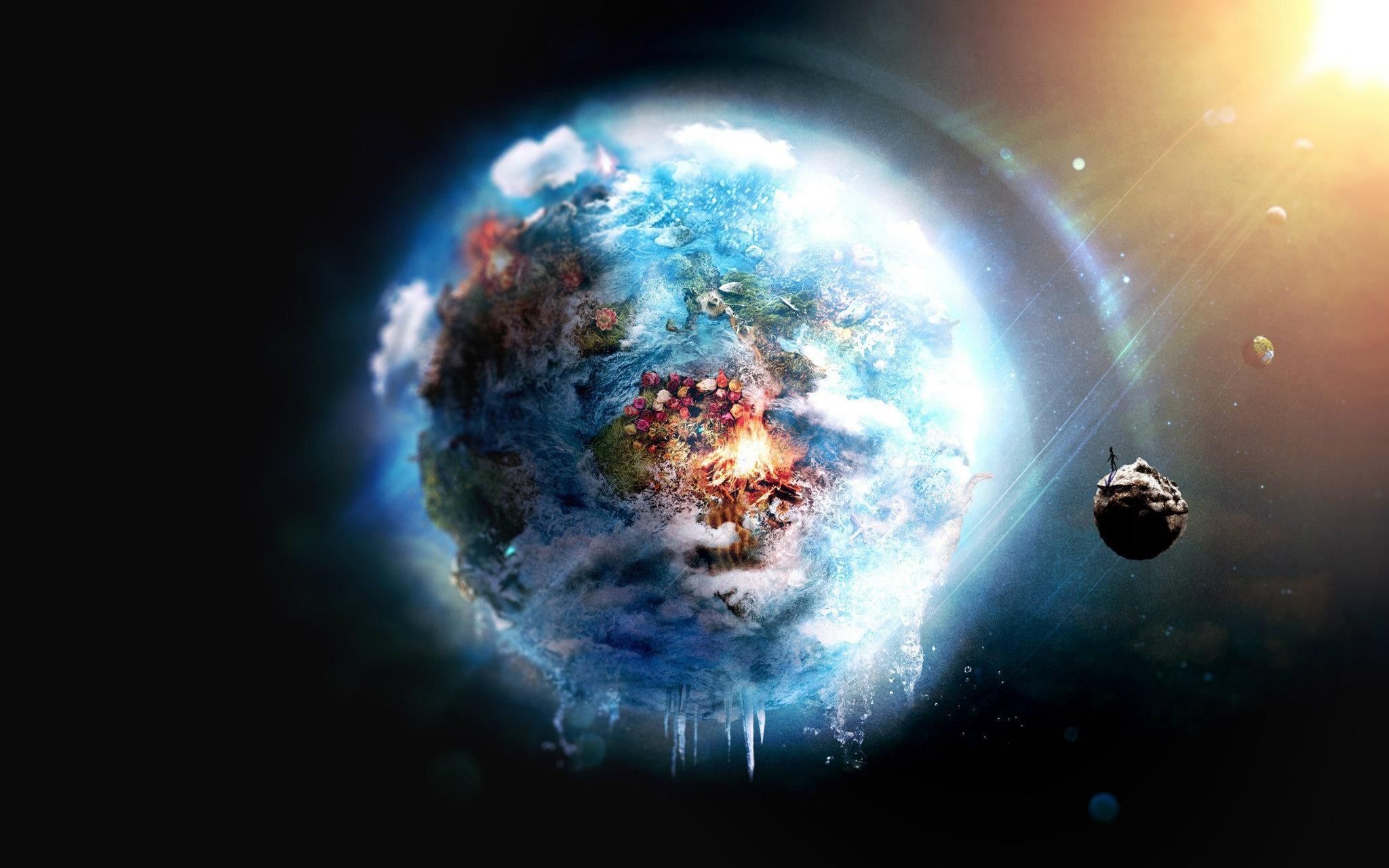Fantasy planet with ice and flowers in space HD Wallpaper