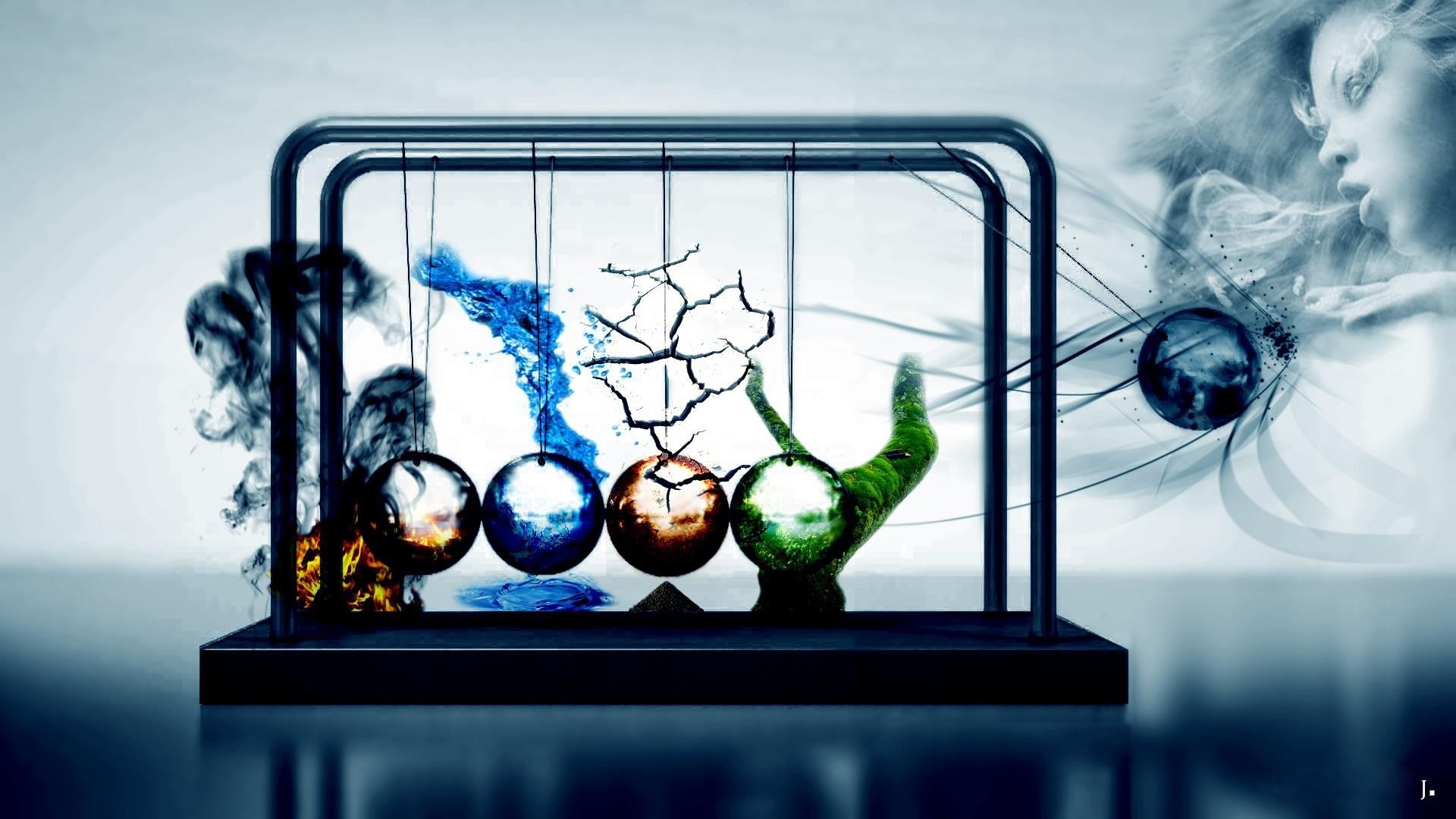 Newton's cradle with elements and a woman HD Wallpaper