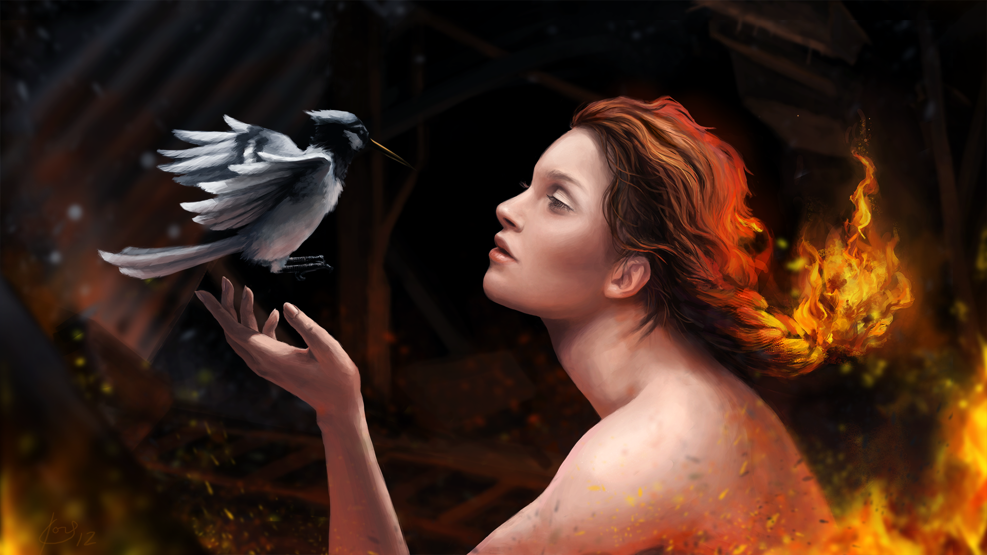 Woman with fiery hair and a bird HD Wallpaper