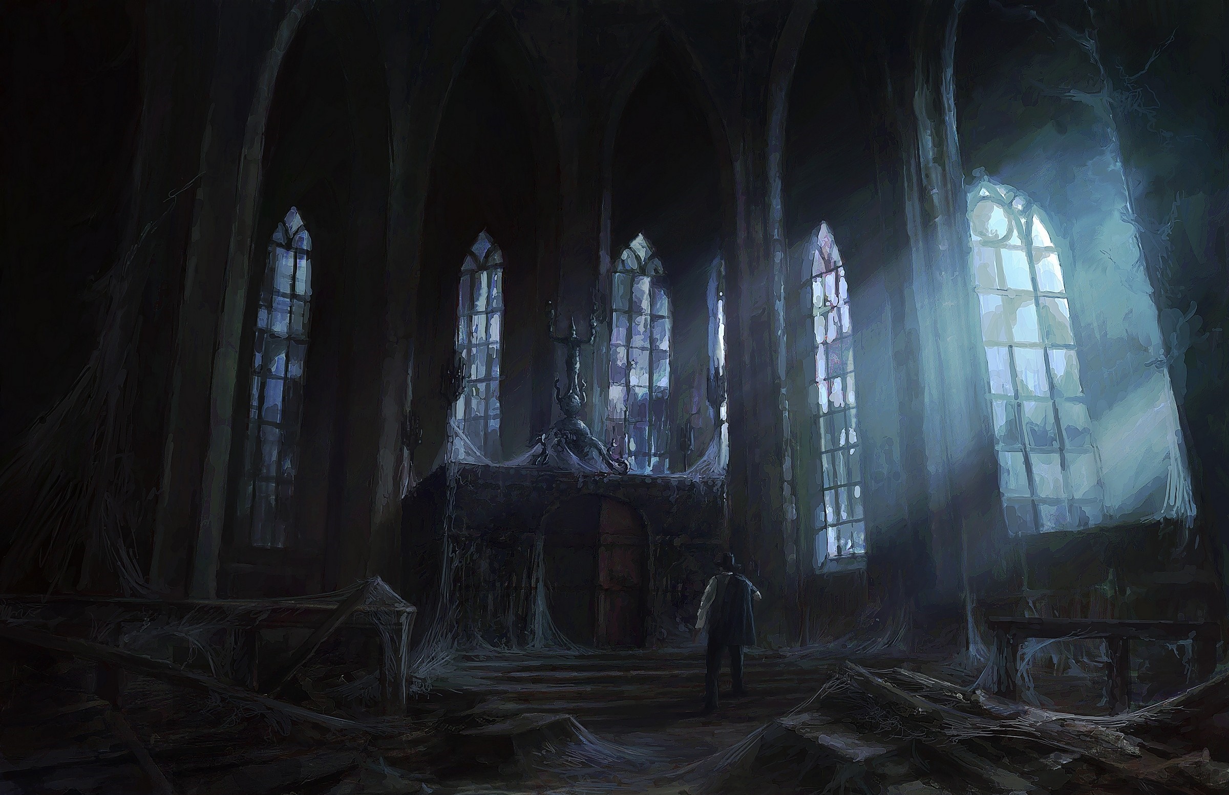 Abandoned church interior with gothic windows and cobwebs HD Wallpaper