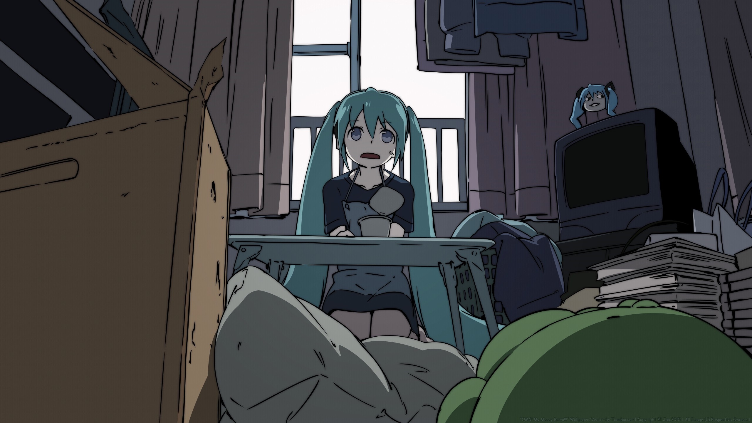 Hatsune Miku in a messy room with a computer HD Wallpaper