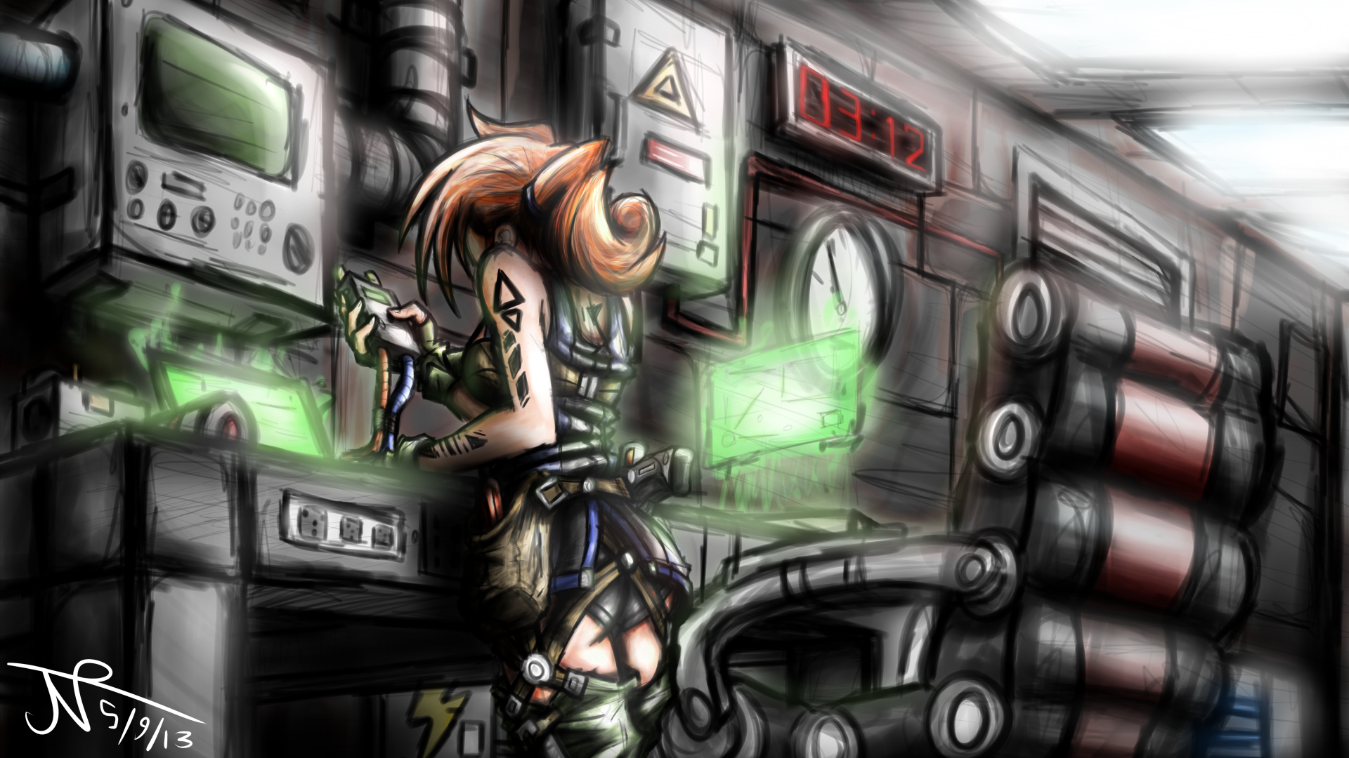 Cyberpunk artwork of a woman in a lab HD Wallpaper