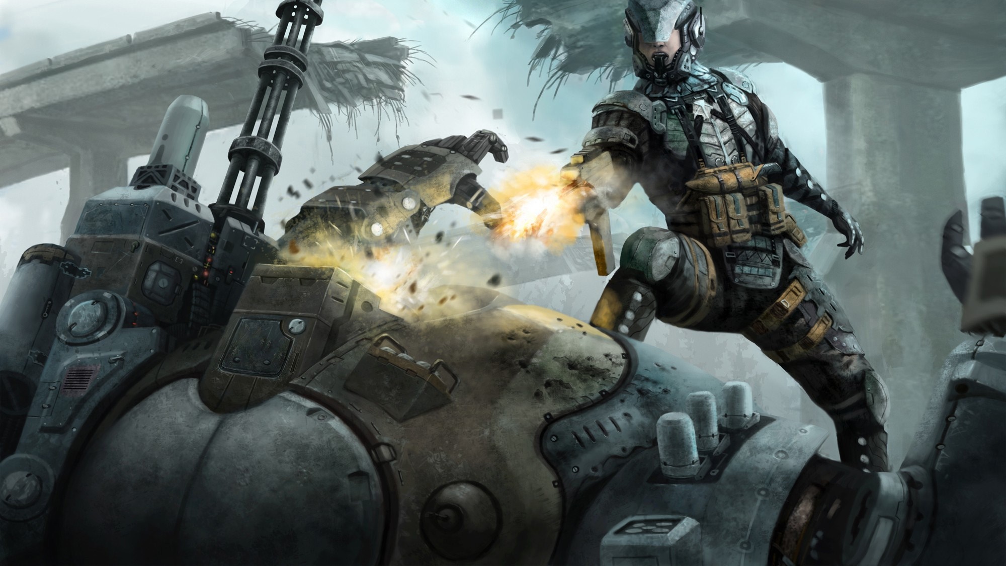 Soldier fighting a mecha in a ruined environment HD Wallpaper